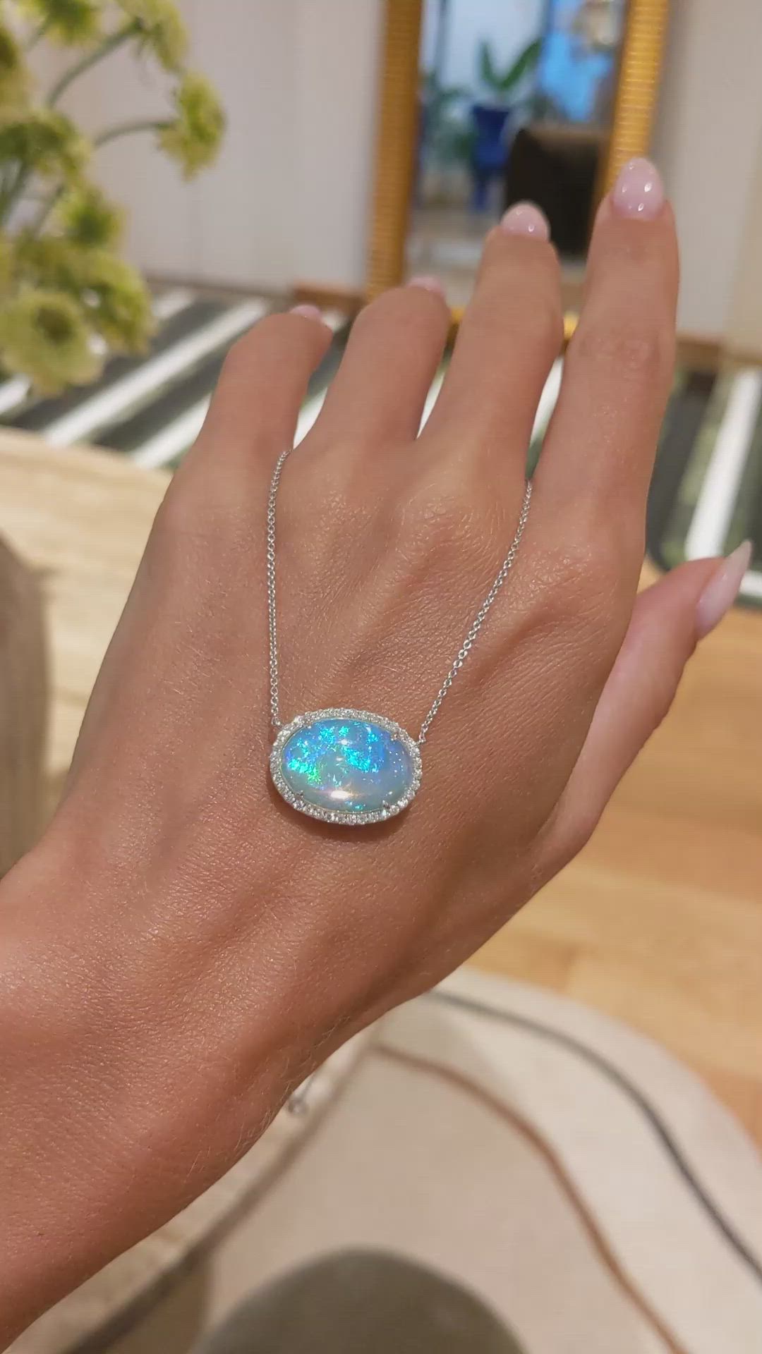 8.11 Ct. Opal Natural Diamond Pave Necklace, 14K White Gold Size Video