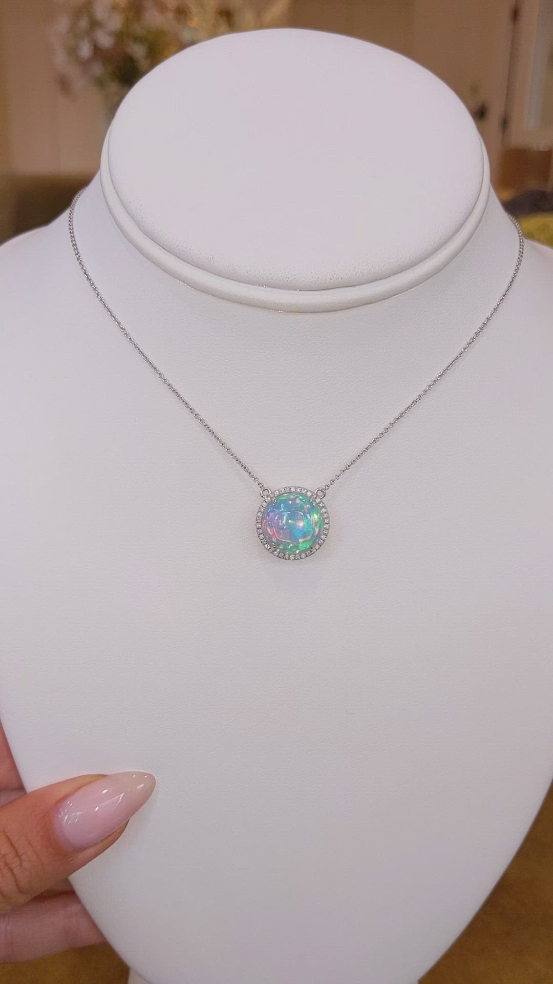 4.81 Ct. Opal Natural Diamond Pave Necklace, 14K White Gold Size Video