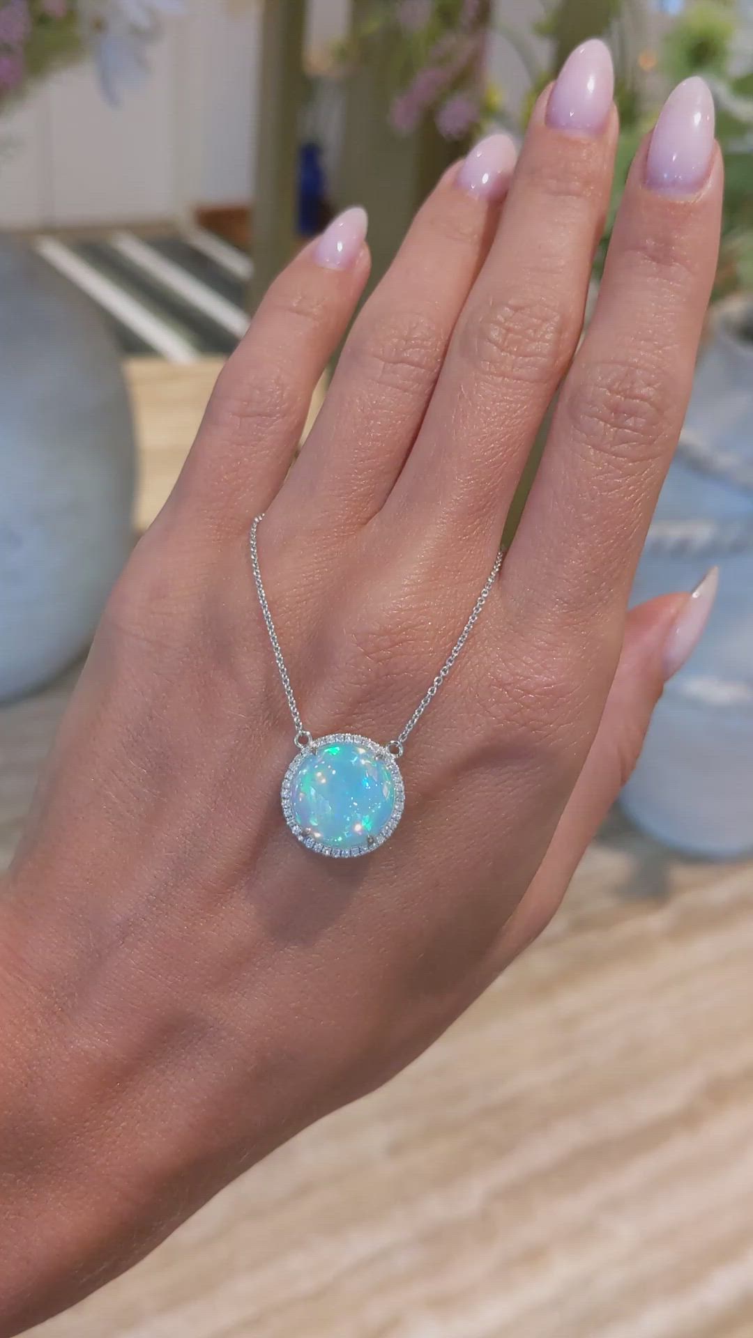 4.81 Ct. Opal Natural Diamond Pave Necklace, 14K White Gold Size Video