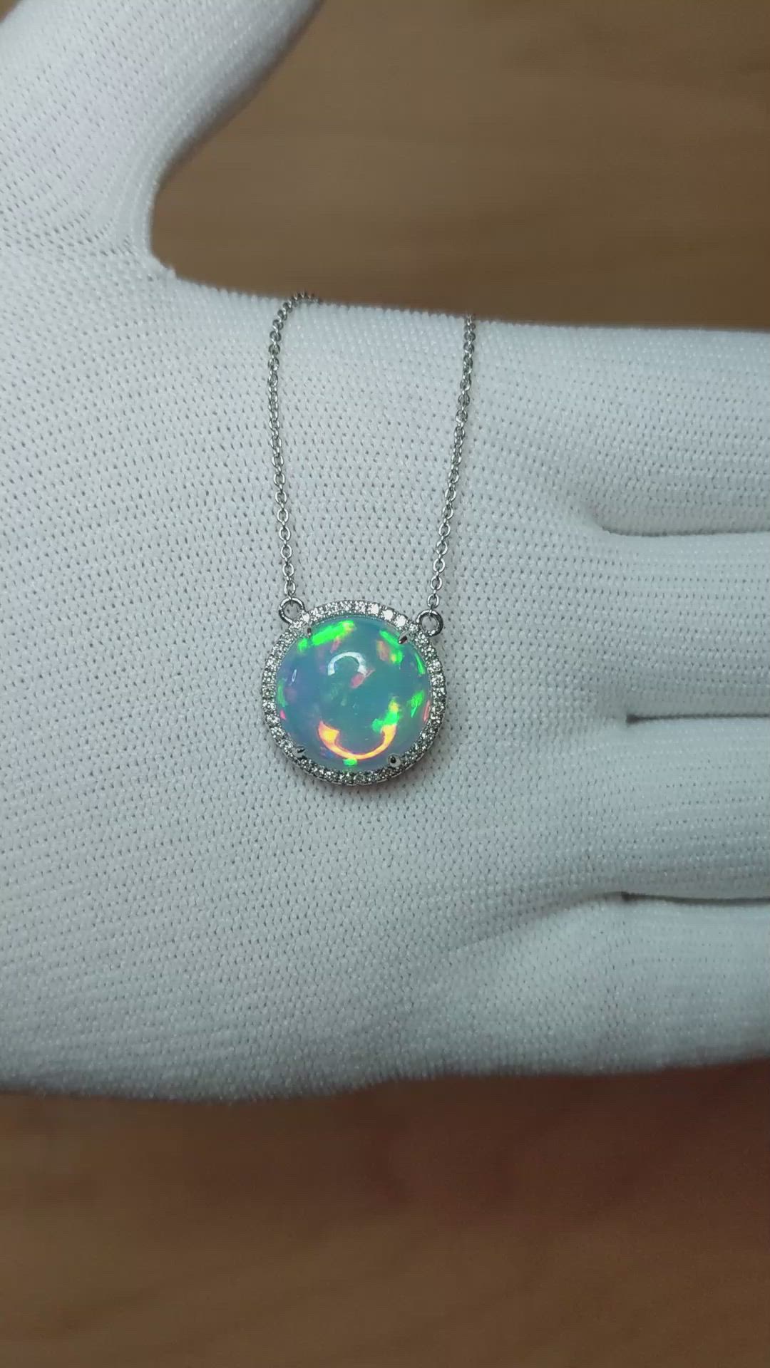 4.81 Ct. Opal Natural Diamond Pave Necklace, 14K White Gold Size Video