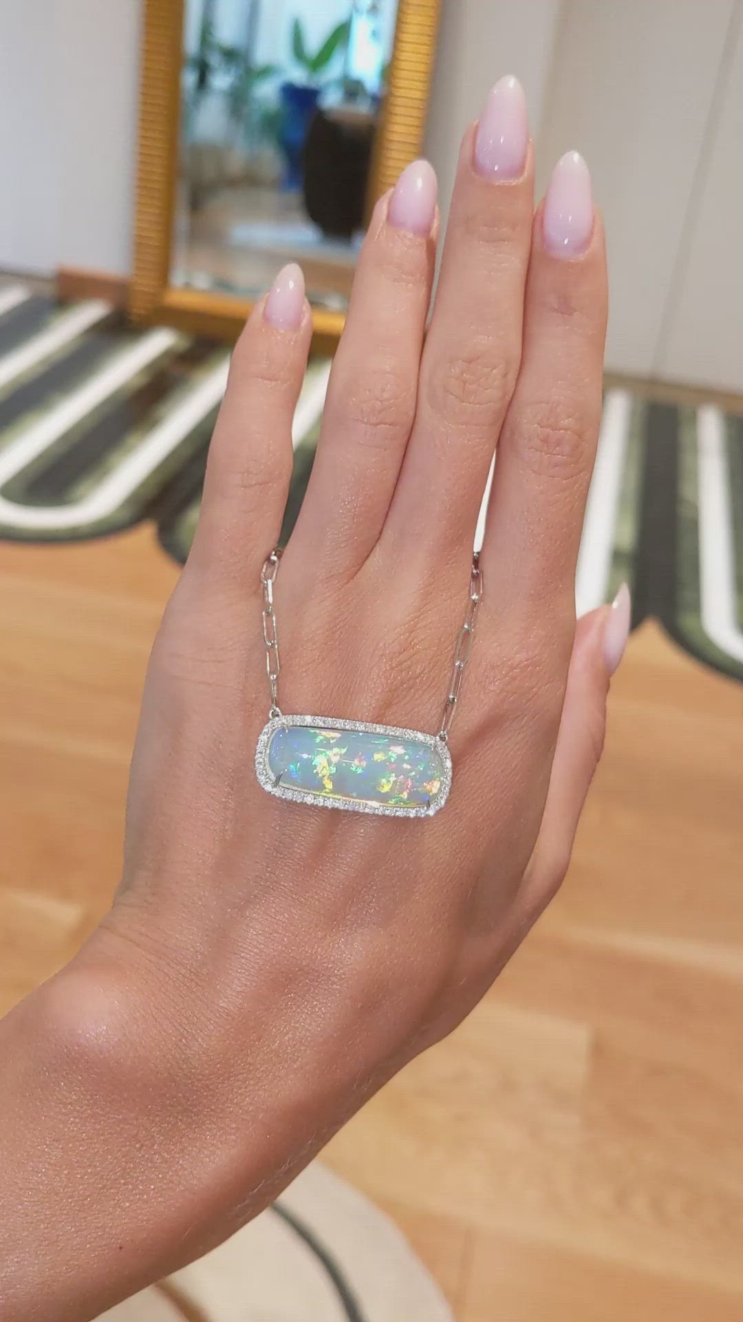 11.51 Ct. Opal Natural Diamond Pave Necklace, 14K White Gold Size Video