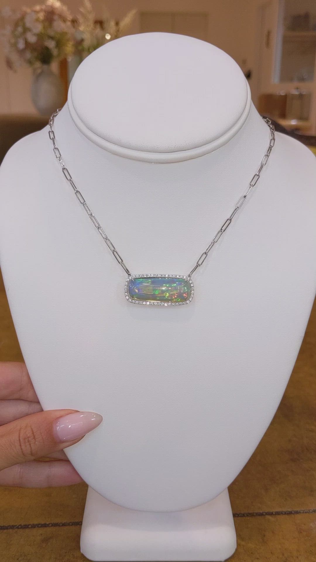 11.51 Ct. Opal Natural Diamond Pave Necklace, 14K White Gold Size Video
