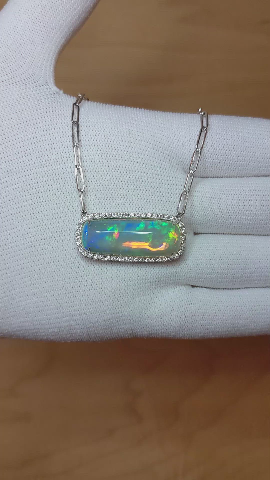 11.51 Ct. Opal Natural Diamond Pave Necklace, 14K White Gold Size Video