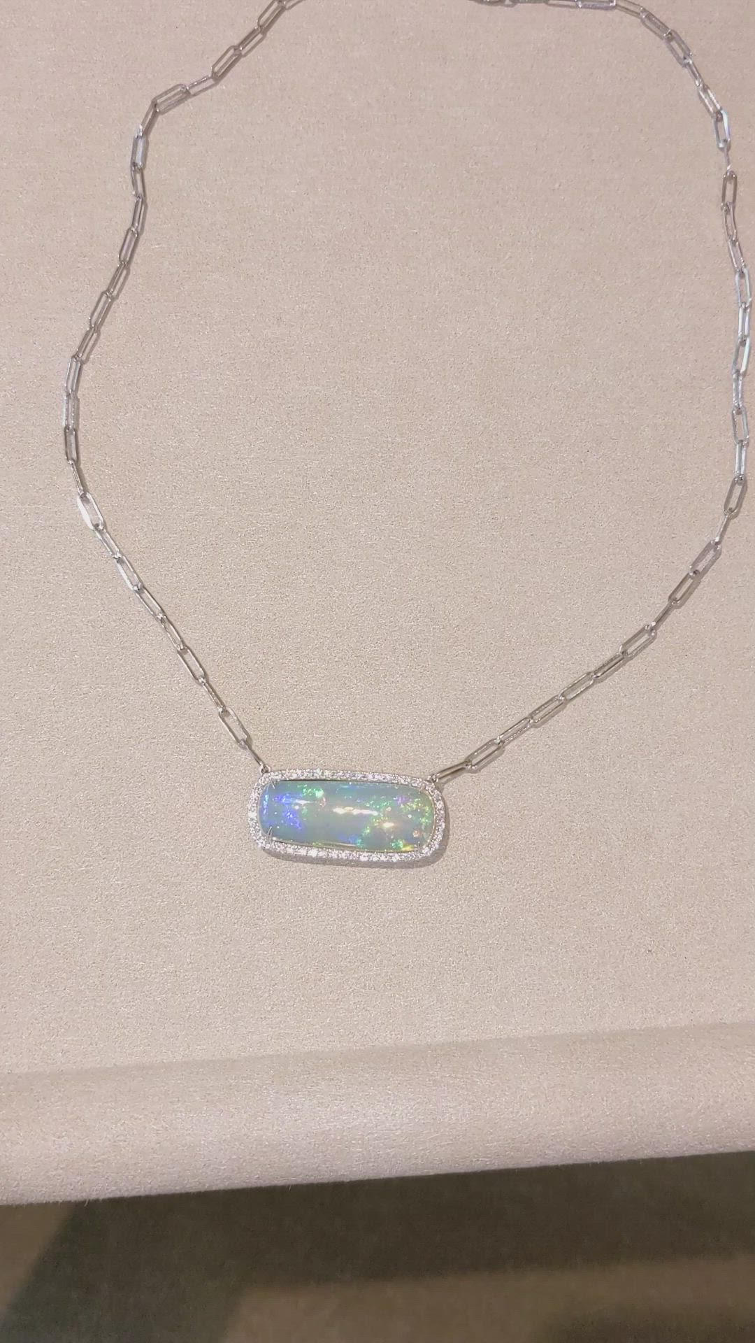11.51 Ct. Opal Natural Diamond Pave Necklace, 14K White Gold Size Video