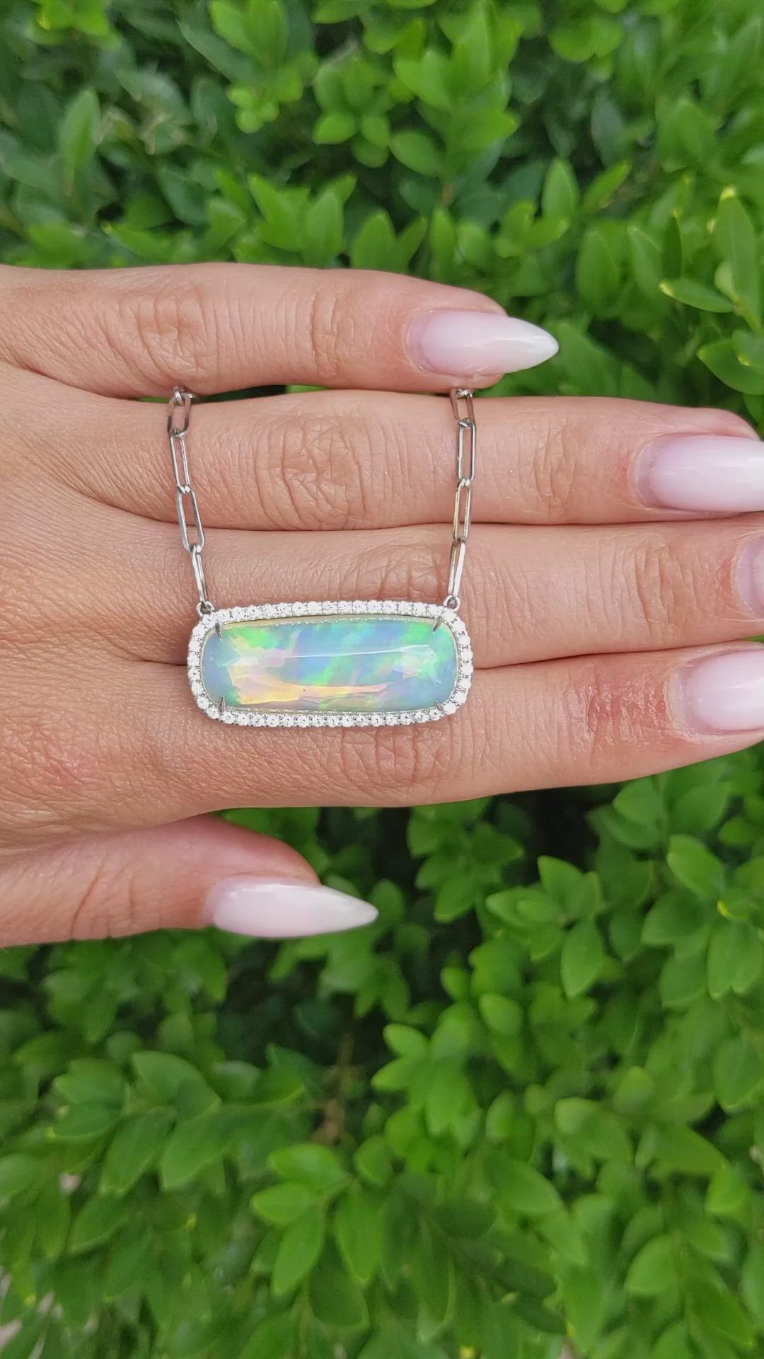11.51 Ct. Opal Natural Diamond Pave Necklace, 14K White Gold Size Video