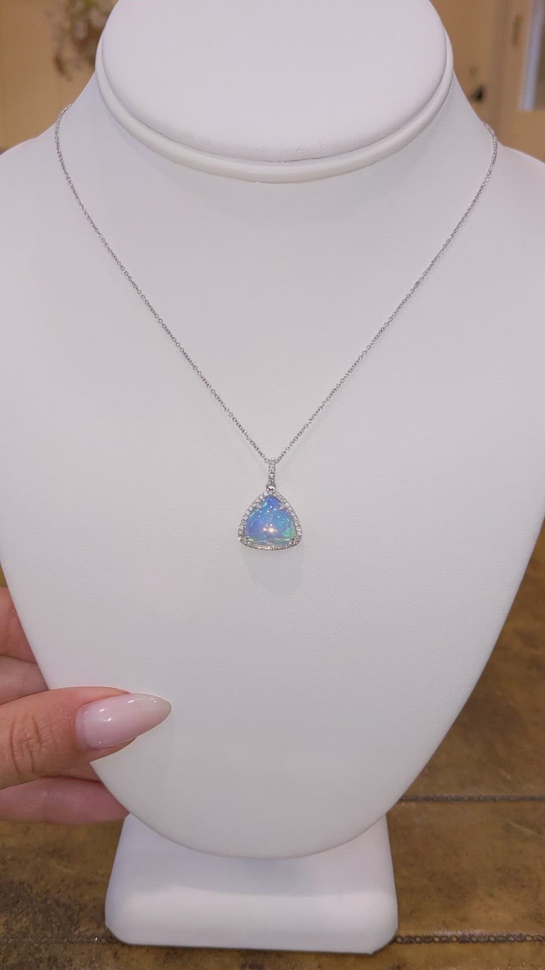 3.94 Ct. Opal Natural Diamond Pave Pendant, 14K White Gold Size Video