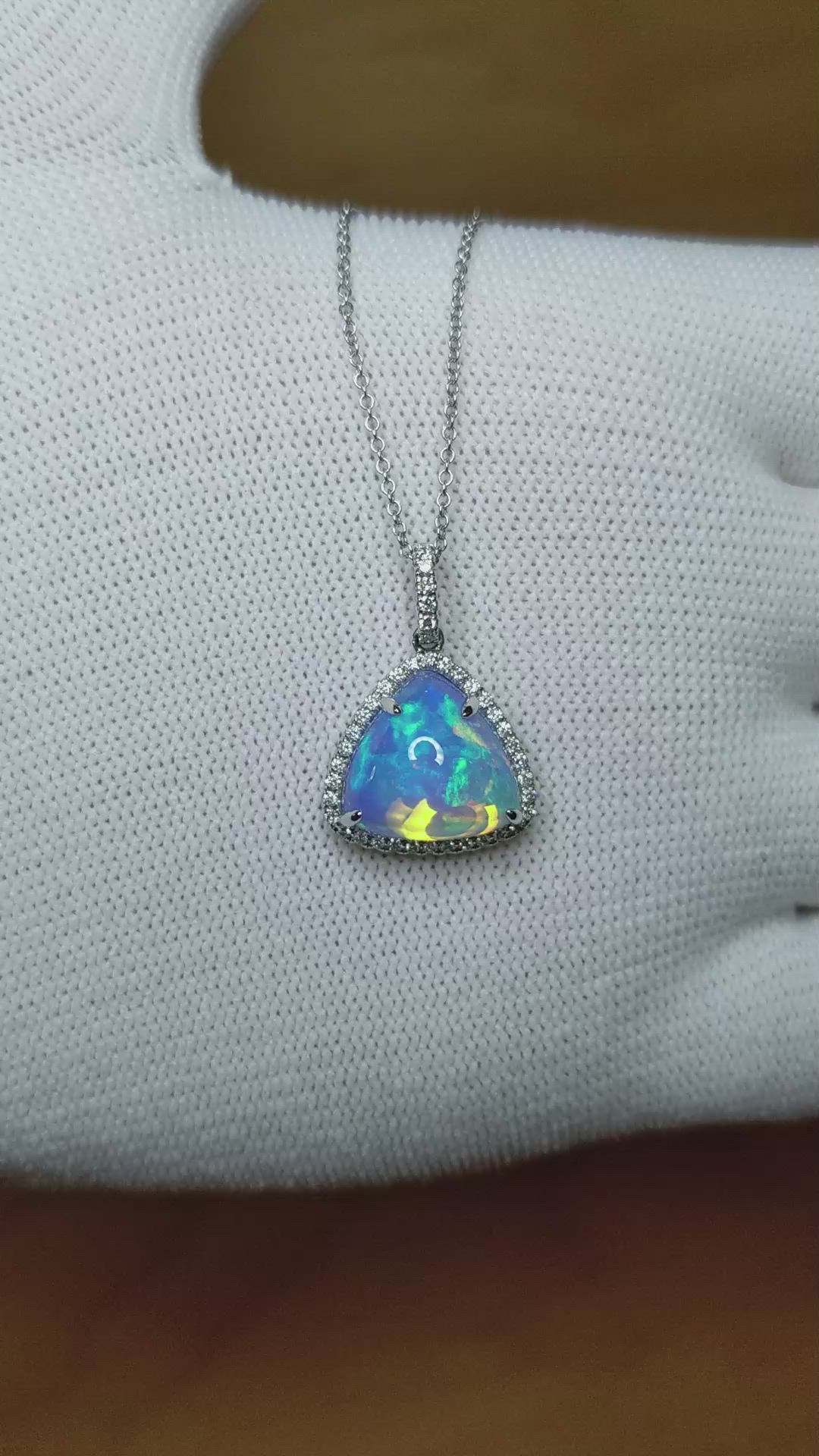 3.94 Ct. Opal Natural Diamond Pave Pendant, 14K White Gold Size Video