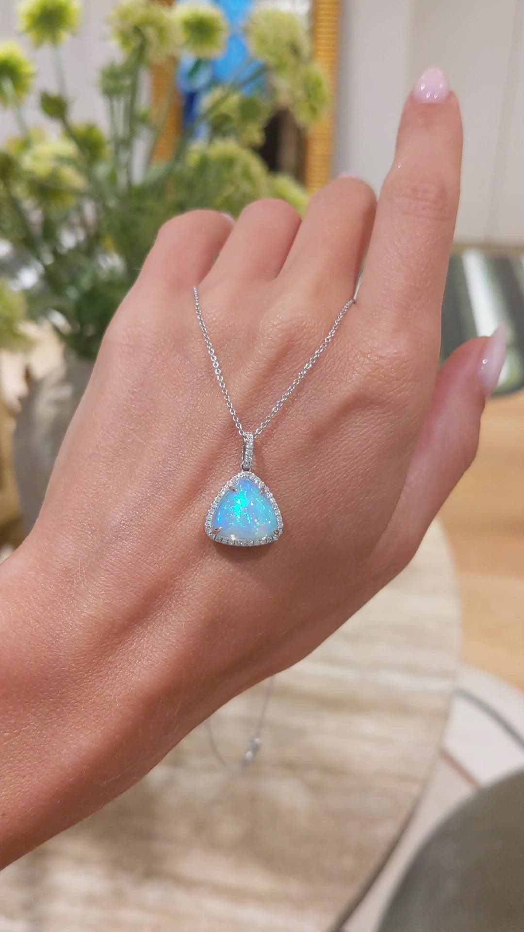 3.94 Ct. Opal Natural Diamond Pave Pendant, 14K White Gold Size Video