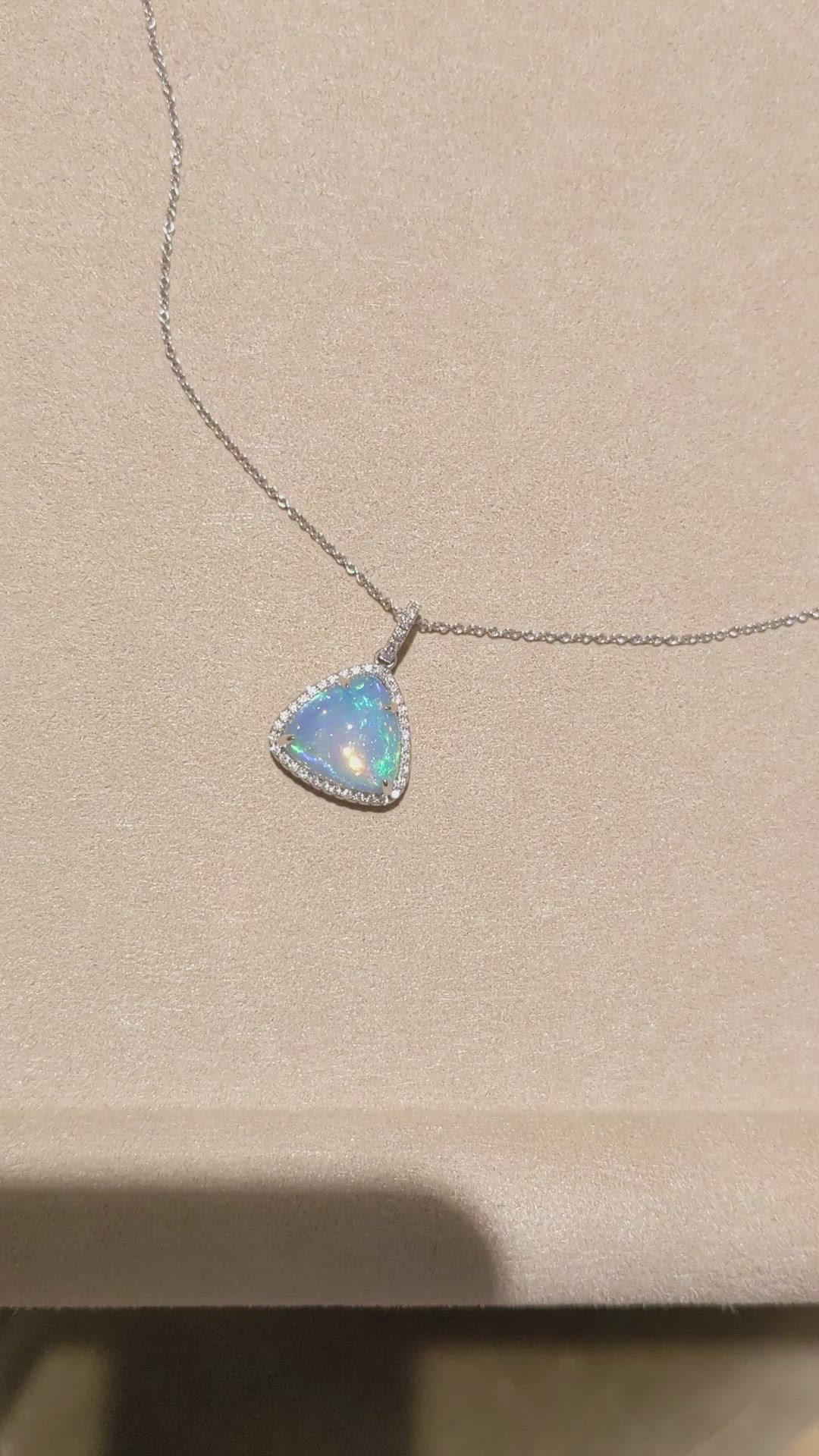 3.94 Ct. Opal Natural Diamond Pave Pendant, 14K White Gold Size Video