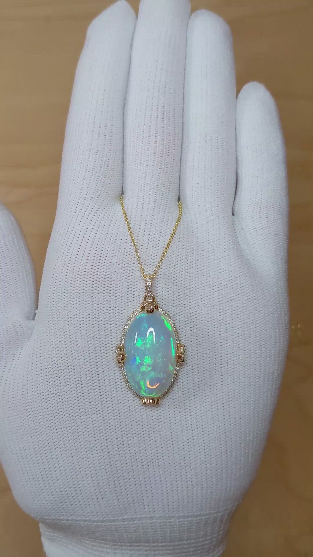 14.65 Ct. Opal Natural Diamond Pave Pendant, 14K Yellow Gold Size Video