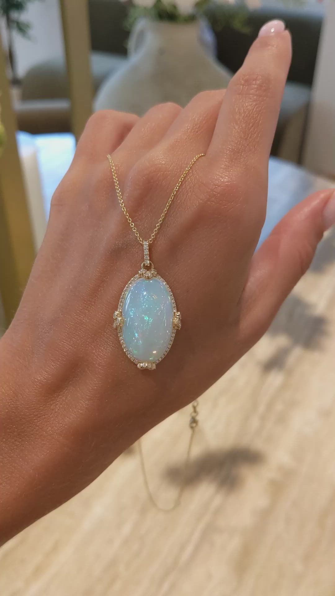 14.65 Ct. Opal Natural Diamond Pave Pendant, 14K Yellow Gold Size Video