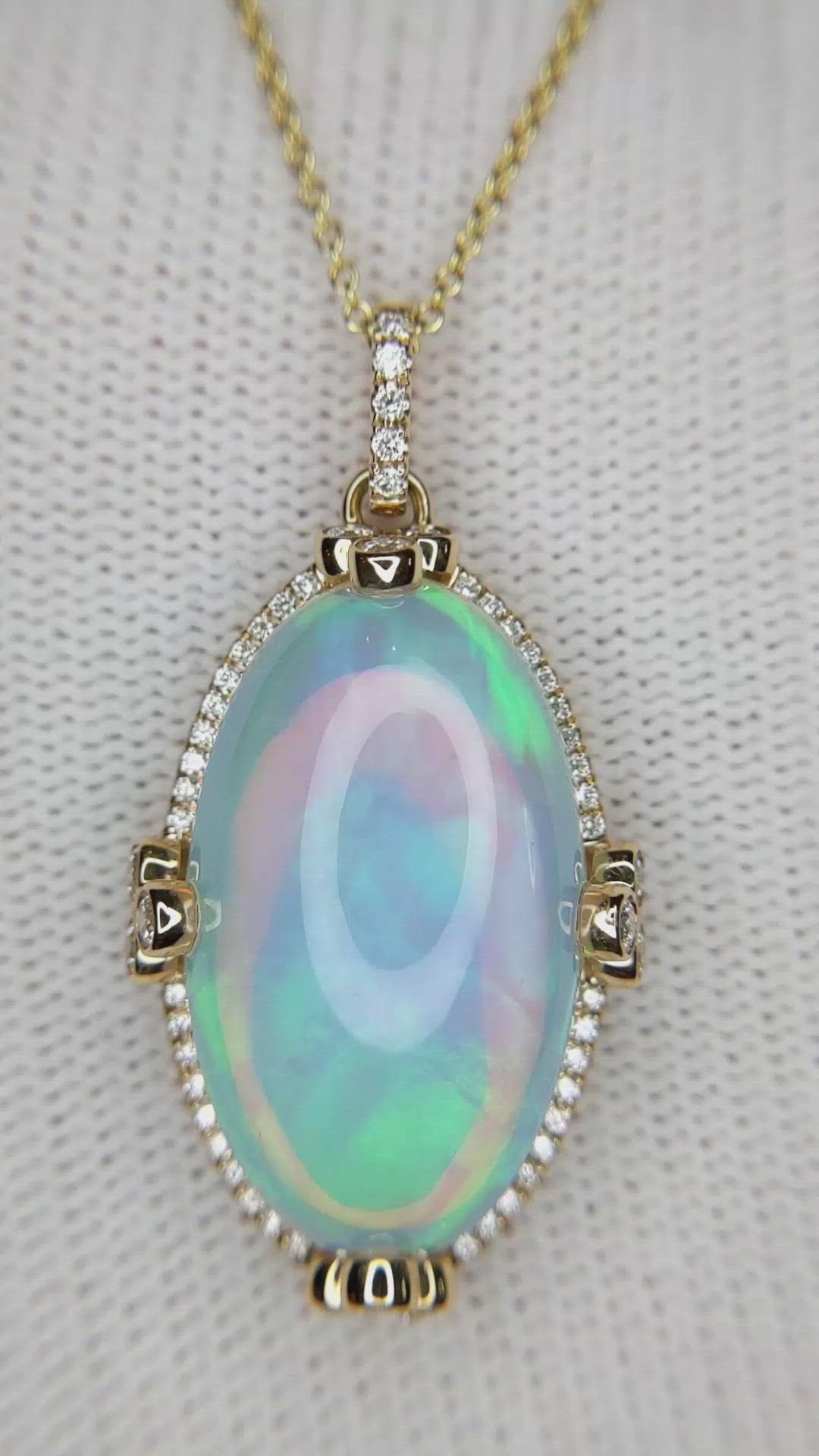 14.65 Ct. Opal Natural Diamond Pave Pendant, 14K Yellow Gold Size Video