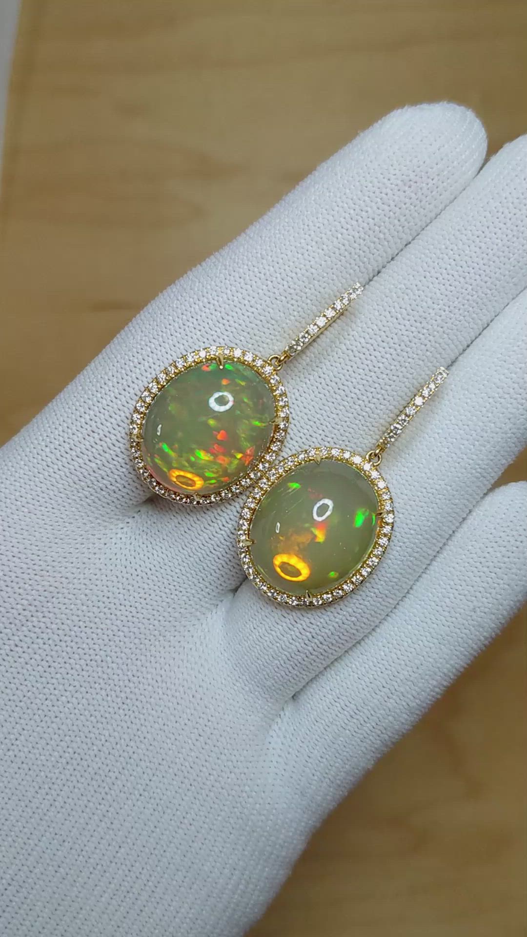18.56 Ct.Tw. Opal Natural Diamond Pave Earrings, 18K Yellow Gold Size Video