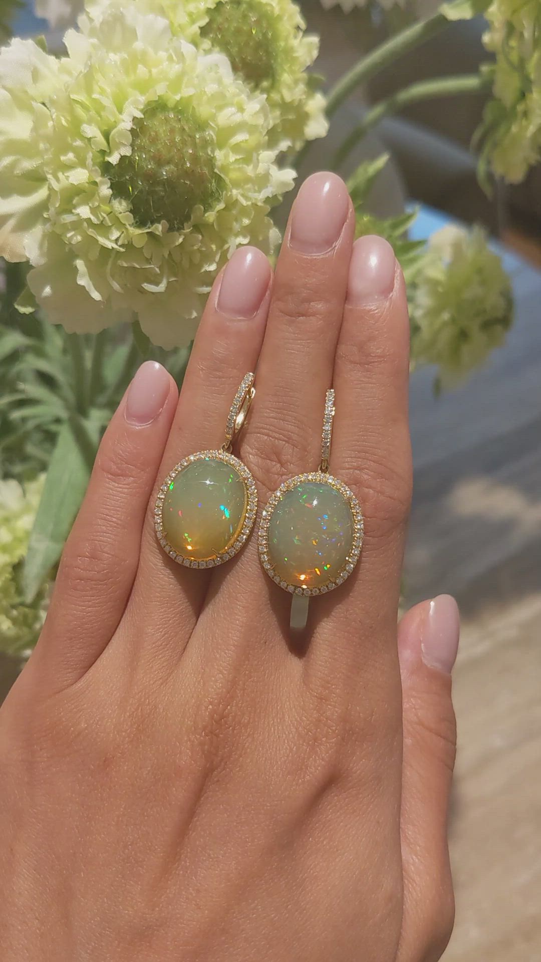 18.56 Ct.Tw. Opal Natural Diamond Pave Earrings, 18K Yellow Gold Size Video