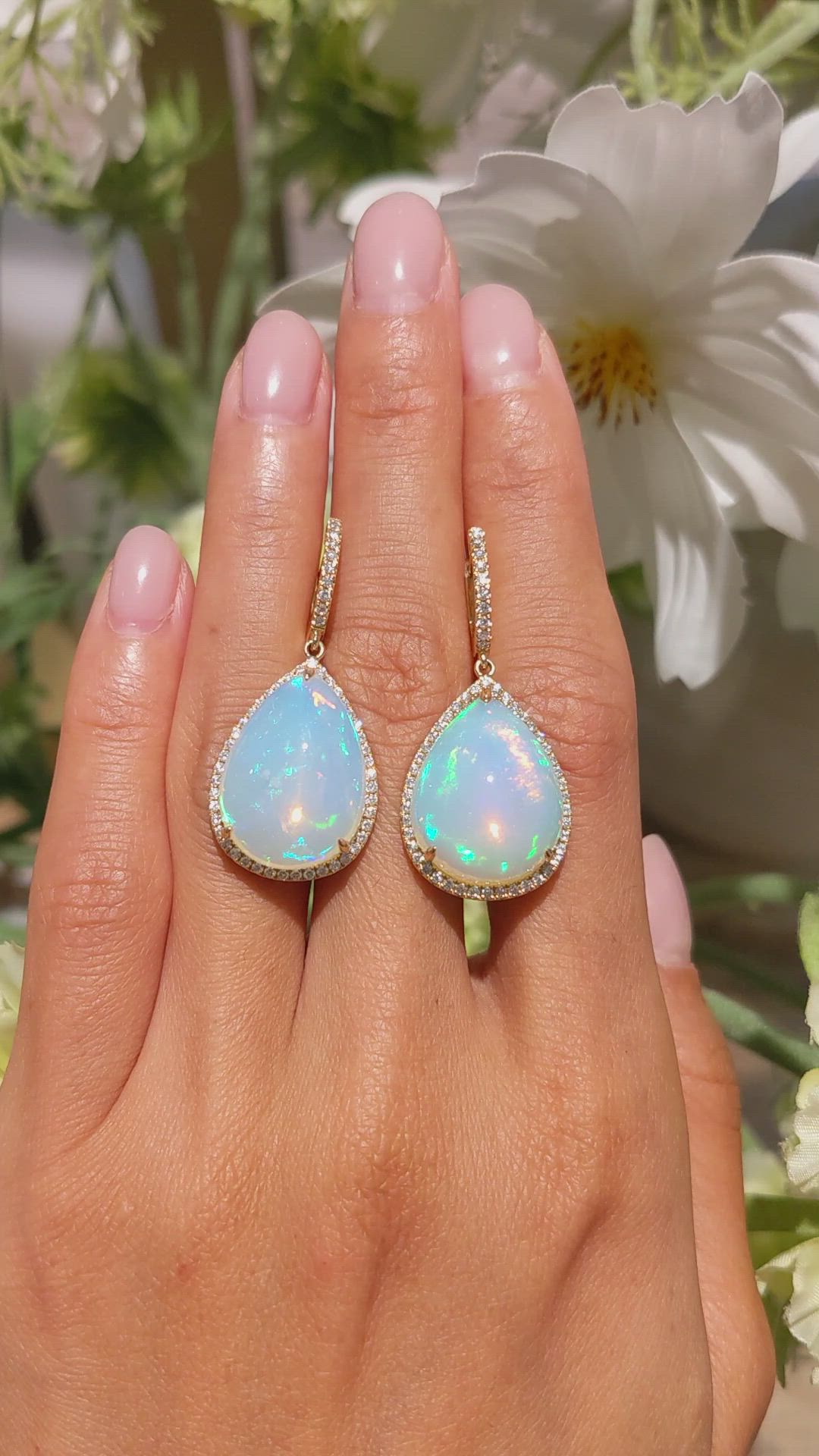 23.54 Ct.Tw. Opal Natural Diamond Pave Earrings, 14K Yellow Gold Size Video