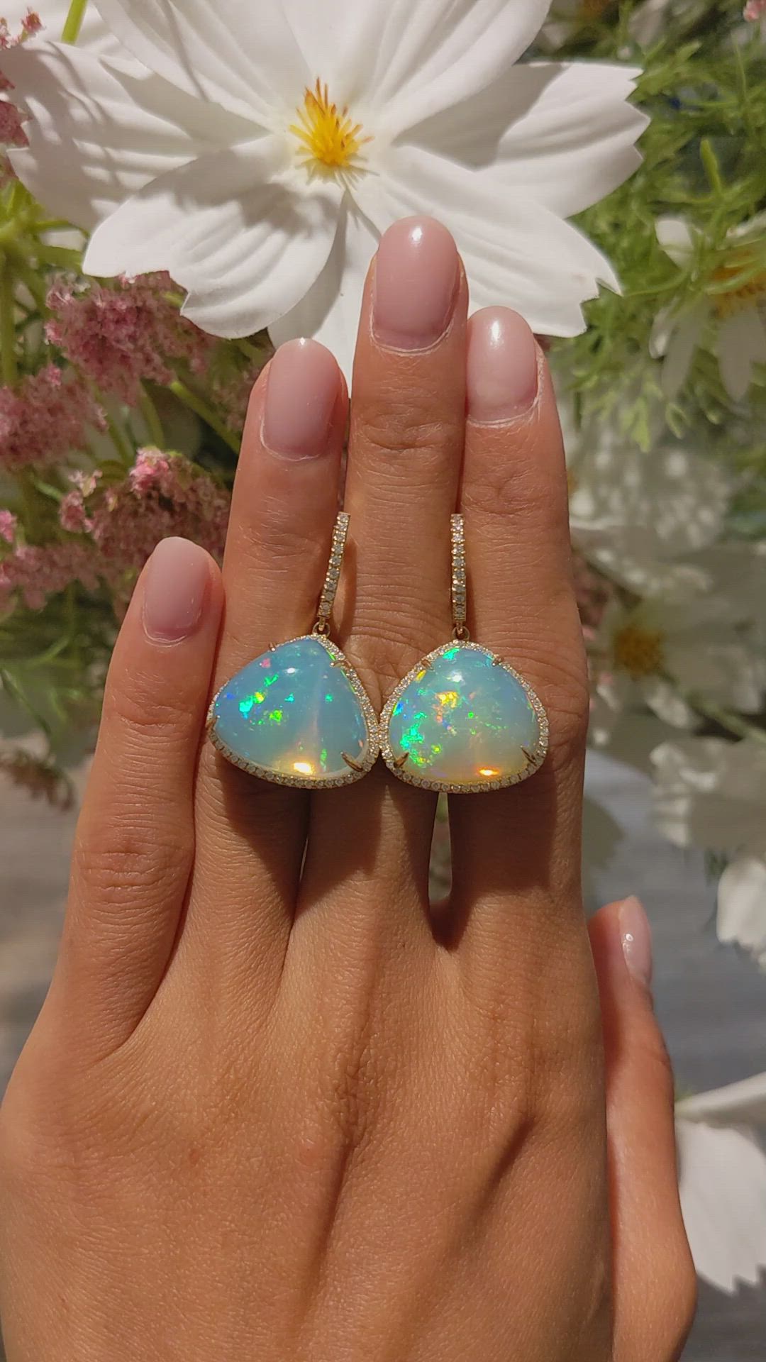 25.38 Ct.Tw. Opal Natural Diamond Pave Earrings, 14K Yellow Gold Size Video