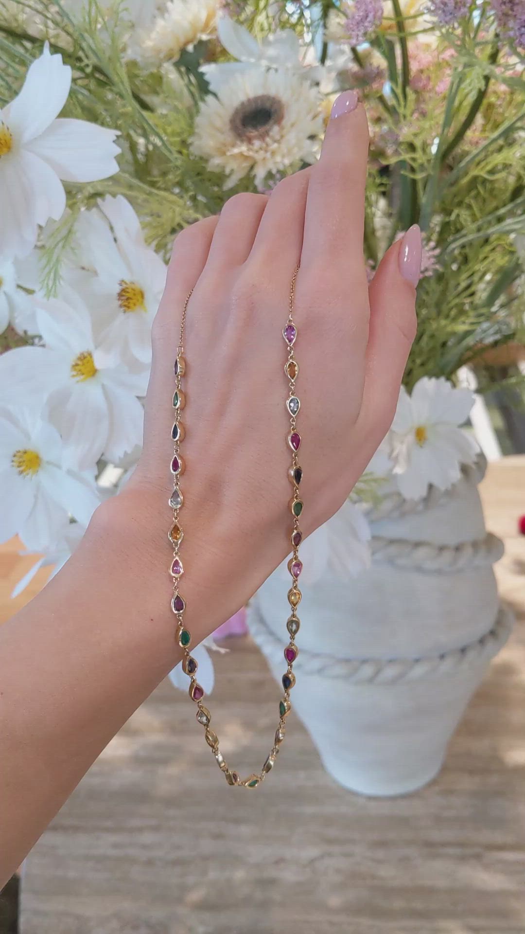 7.40 Ct. Mixed Sapphire, Purple Amethyst, Emerald, Ruby, Blue Aquamarine and Orangish Yellow Citrine Bezel Necklace, 14K Yellow Gold Size Video