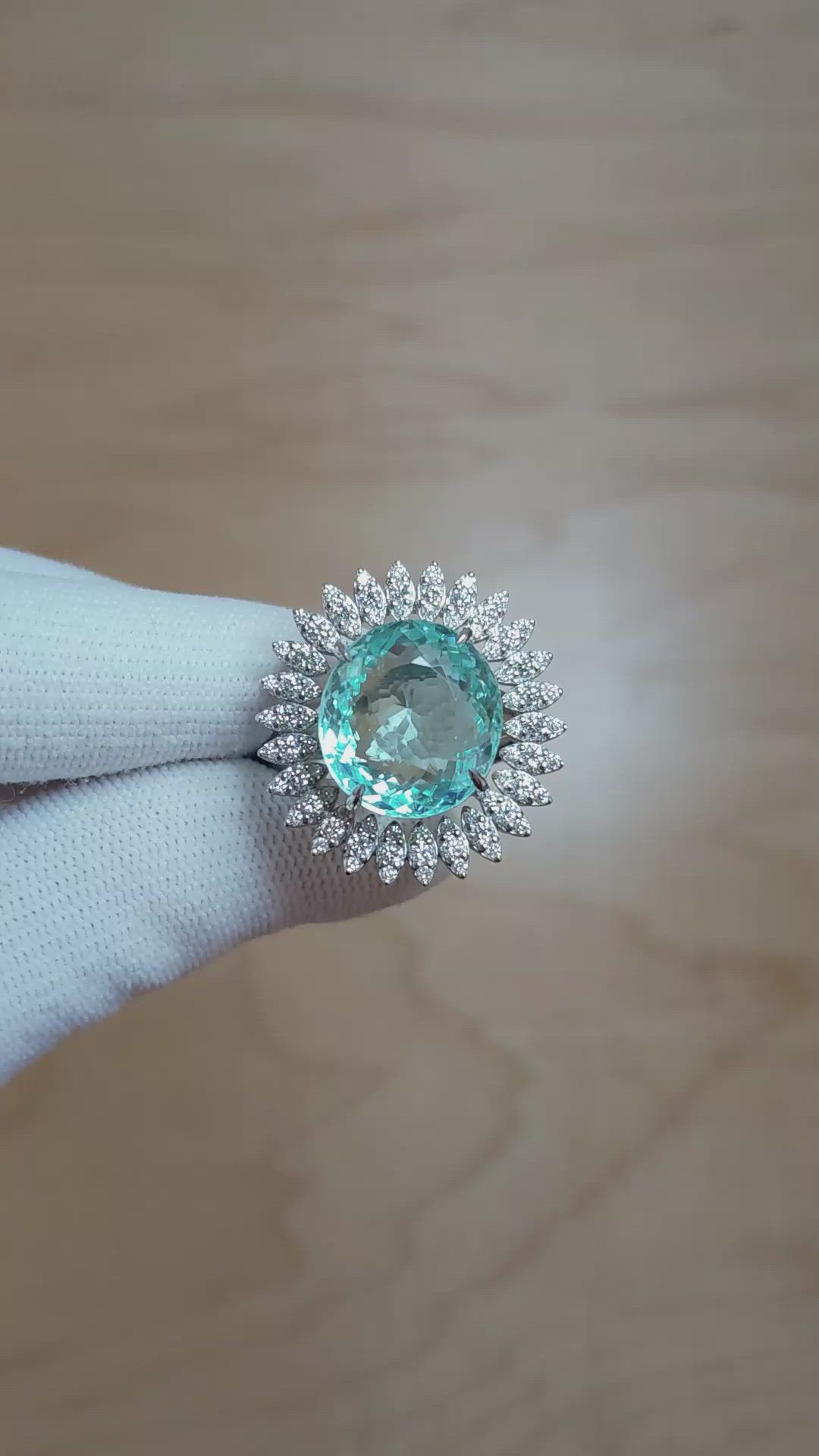 12.55 Ct. Paraiba Tourmaline Natural Diamond Pave Ring, 18K White Gold Size Video