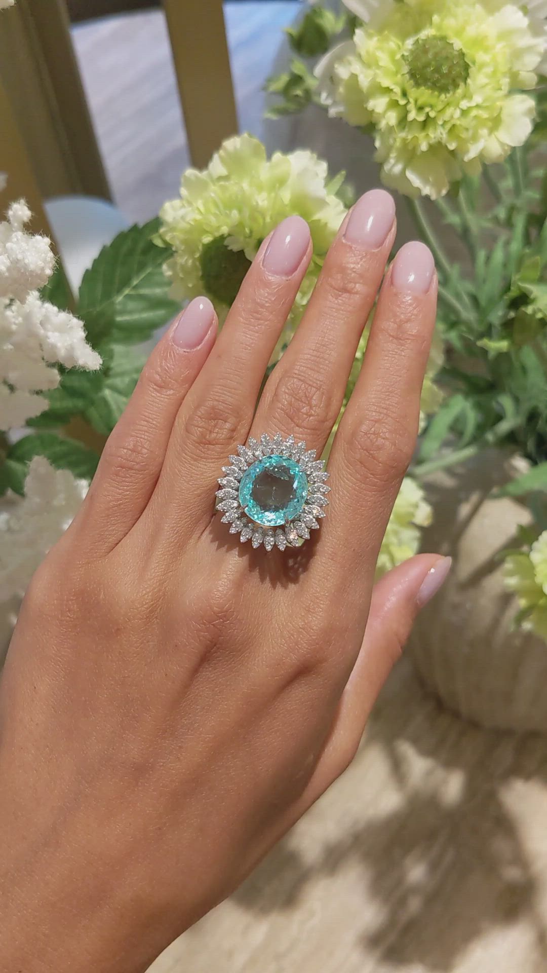 12.55 Ct. Paraiba Tourmaline Natural Diamond Pave Ring, 18K White Gold Size Video