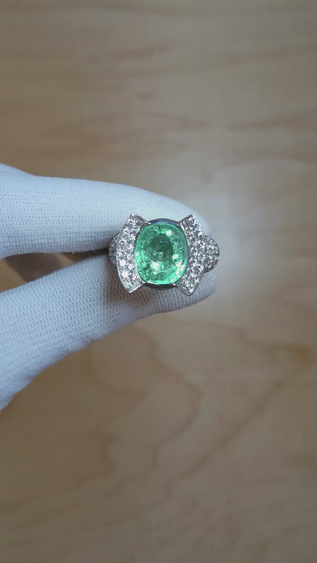3.90 Ct. Paraiba Tourmaline Natural Diamond Antique Style Ring, 18K White Gold Size Video