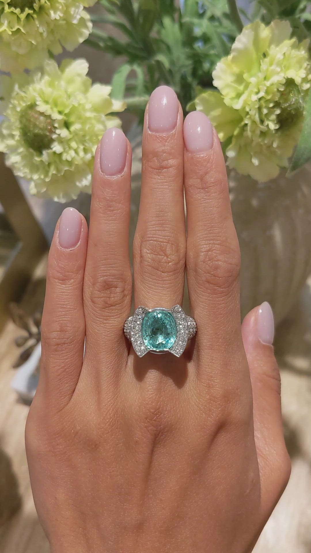 3.90 Ct. Paraiba Tourmaline Natural Diamond Antique Style Ring, 18K White Gold Size Video