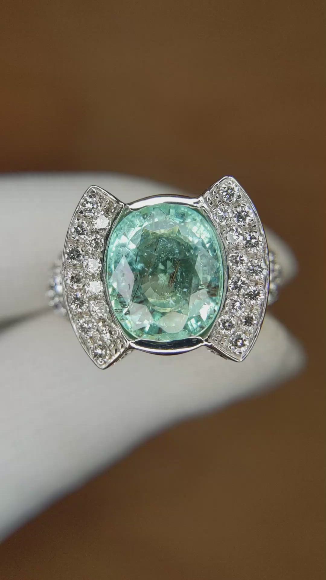 3.90 Ct. Paraiba Tourmaline Natural Diamond Antique Style Ring, 18K White Gold Size Video