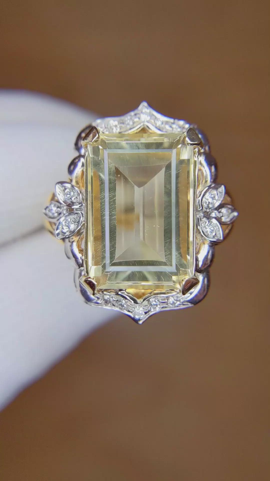 9.95 Ct. Citrine Natural Diamond Antique Style Ring, 18K White & Yellow Size Video