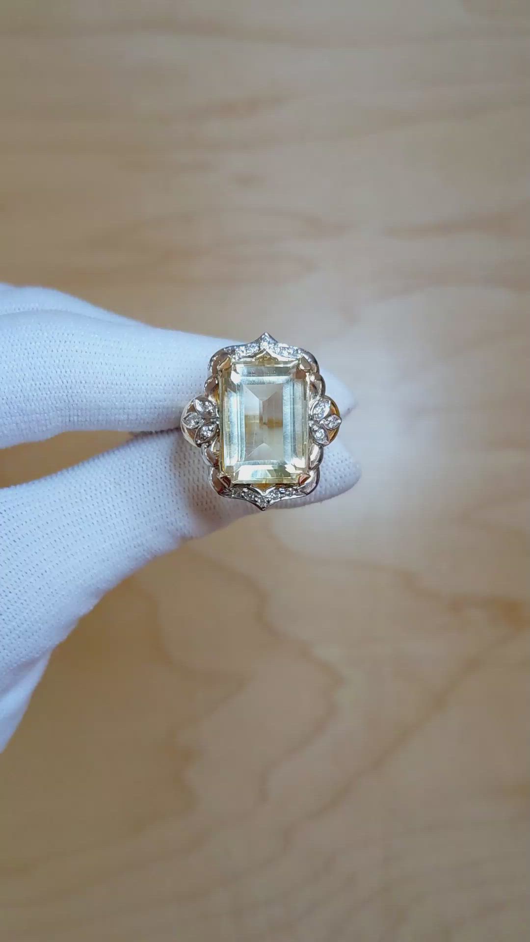 9.95 Ct. Citrine Natural Diamond Antique Style Ring, 18K White & Yellow Size Video