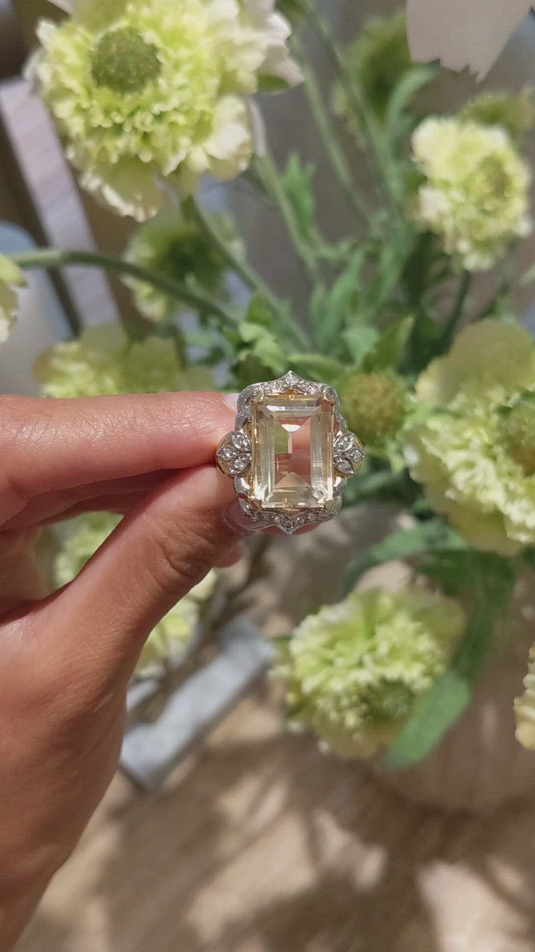 9.95 Ct. Citrine Natural Diamond Antique Style Ring, 18K White & Yellow Size Video