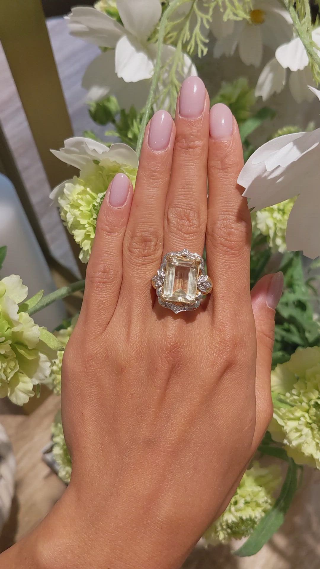9.95 Ct. Citrine Natural Diamond Antique Style Ring, 18K White & Yellow Size Video