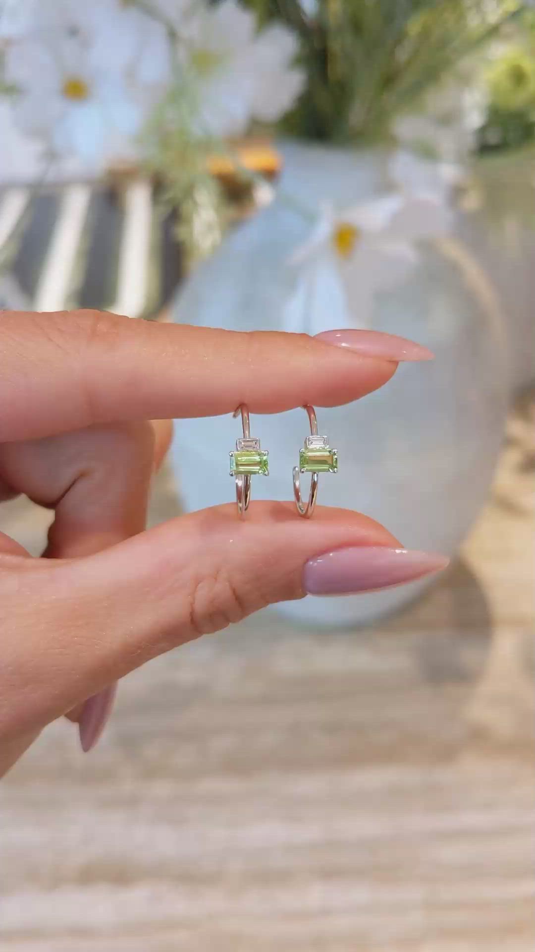 0.66 Ct.Tw. Peridot Natural Diamond Hoops Earrings, 14K White Gold Size Video
