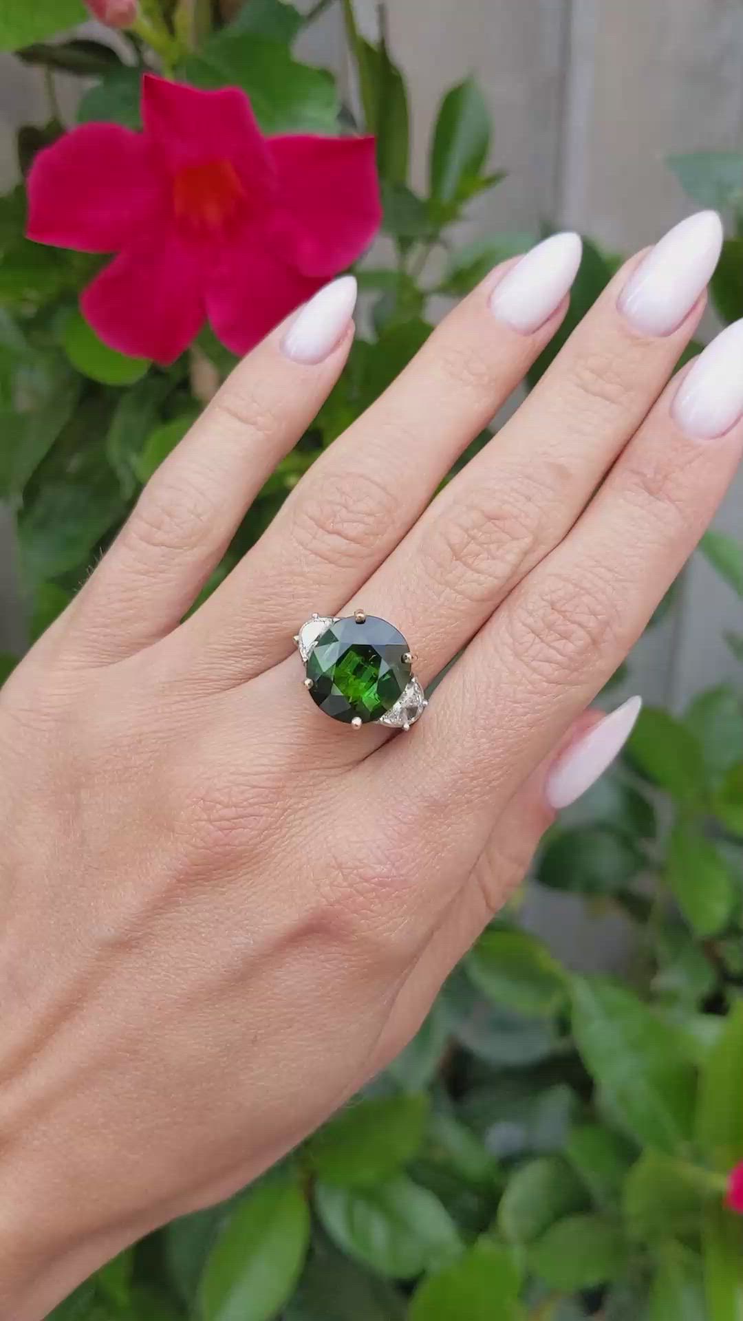 7.74 Ct. Tourmaline Natural Diamond Three Stone Ring, Platinum & 18K Yellow Size Video