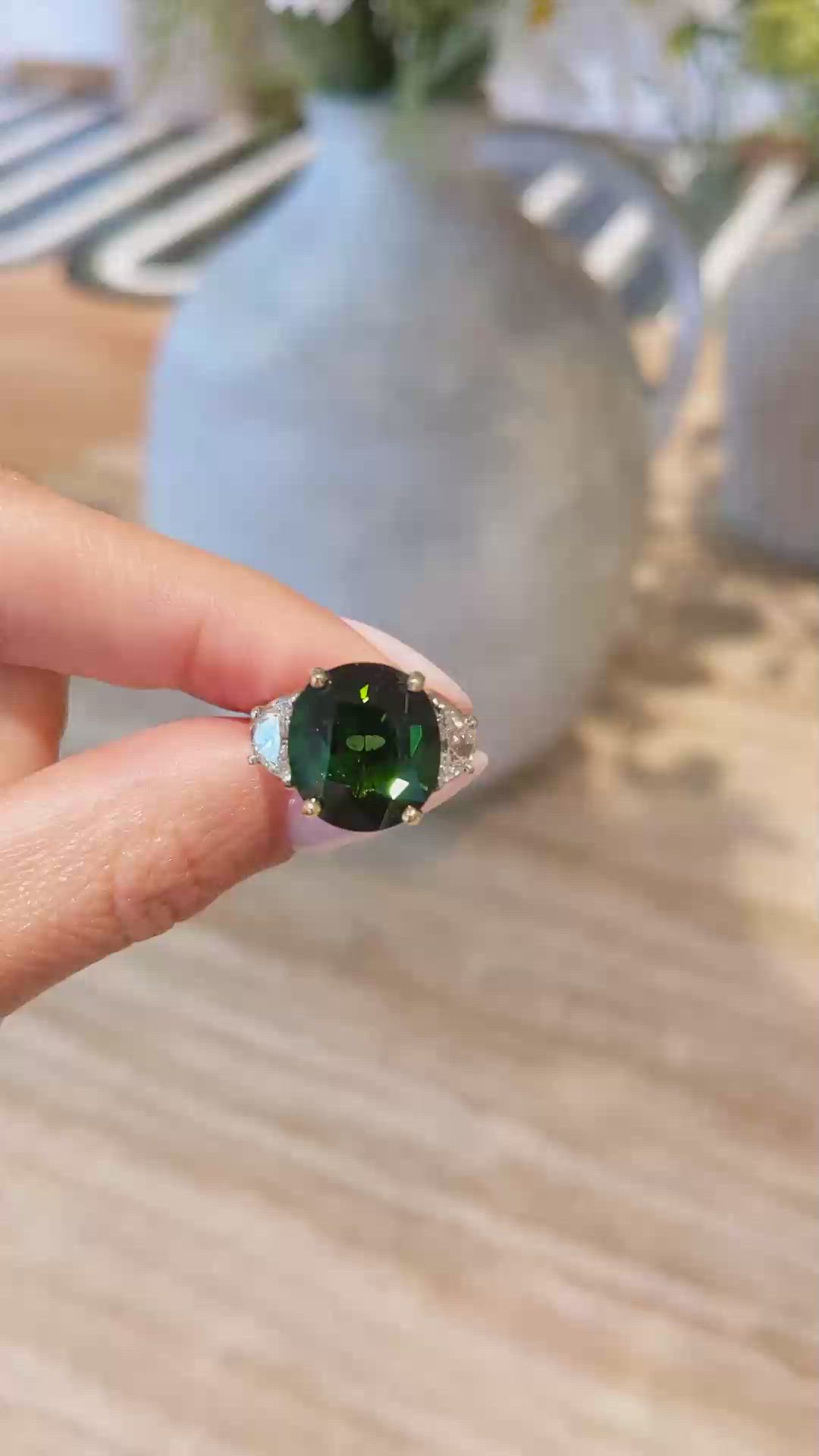 7.74 Ct. Tourmaline Natural Diamond Three Stone Ring, Platinum & 18K Yellow Size Video