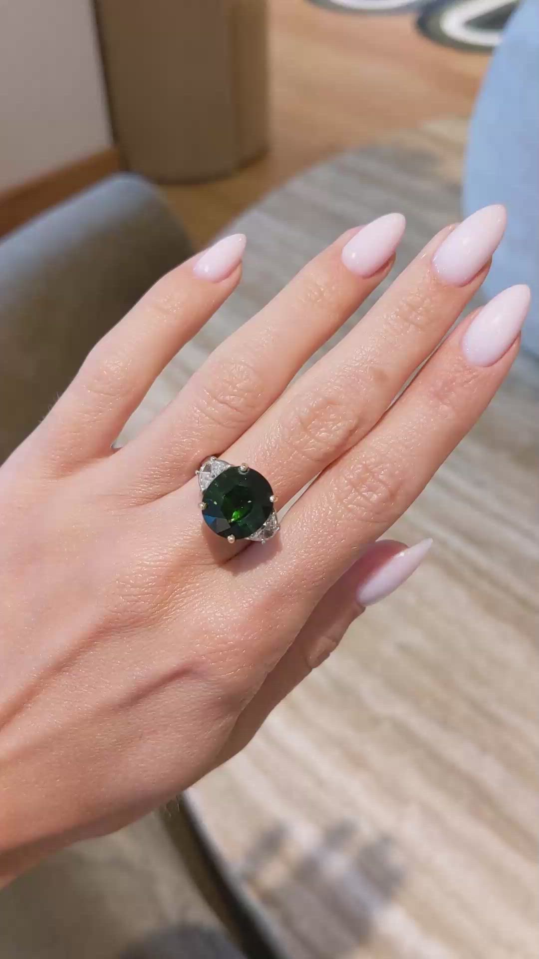 7.74 Ct. Tourmaline Natural Diamond Three Stone Ring, Platinum & 18K Yellow Size Video