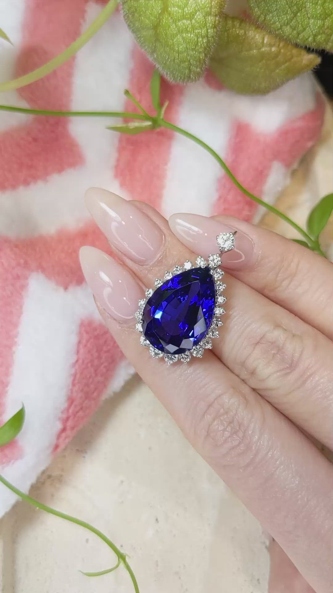 15.93 Ct. Blue Tanzanite and Natural Diamond Halo Brooch, 18K White Gold Size Video