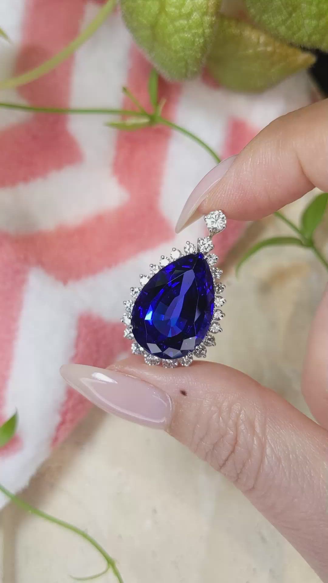 15.93 Ct. Blue Tanzanite and Natural Diamond Halo Brooch, 18K White Gold Size Video