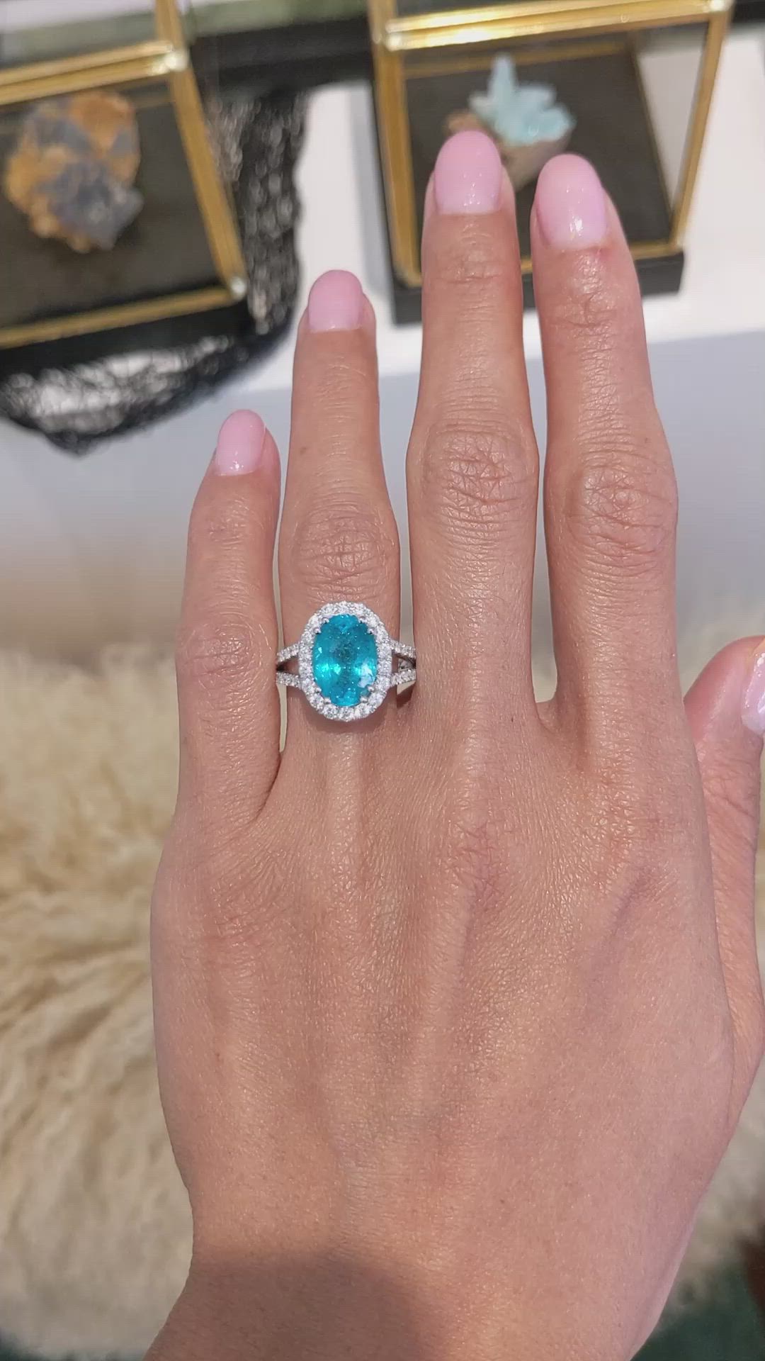 4.09 Ct. Paraiba Tourmaline Natural Diamond Pave Ring, 18K White Gold Size Video