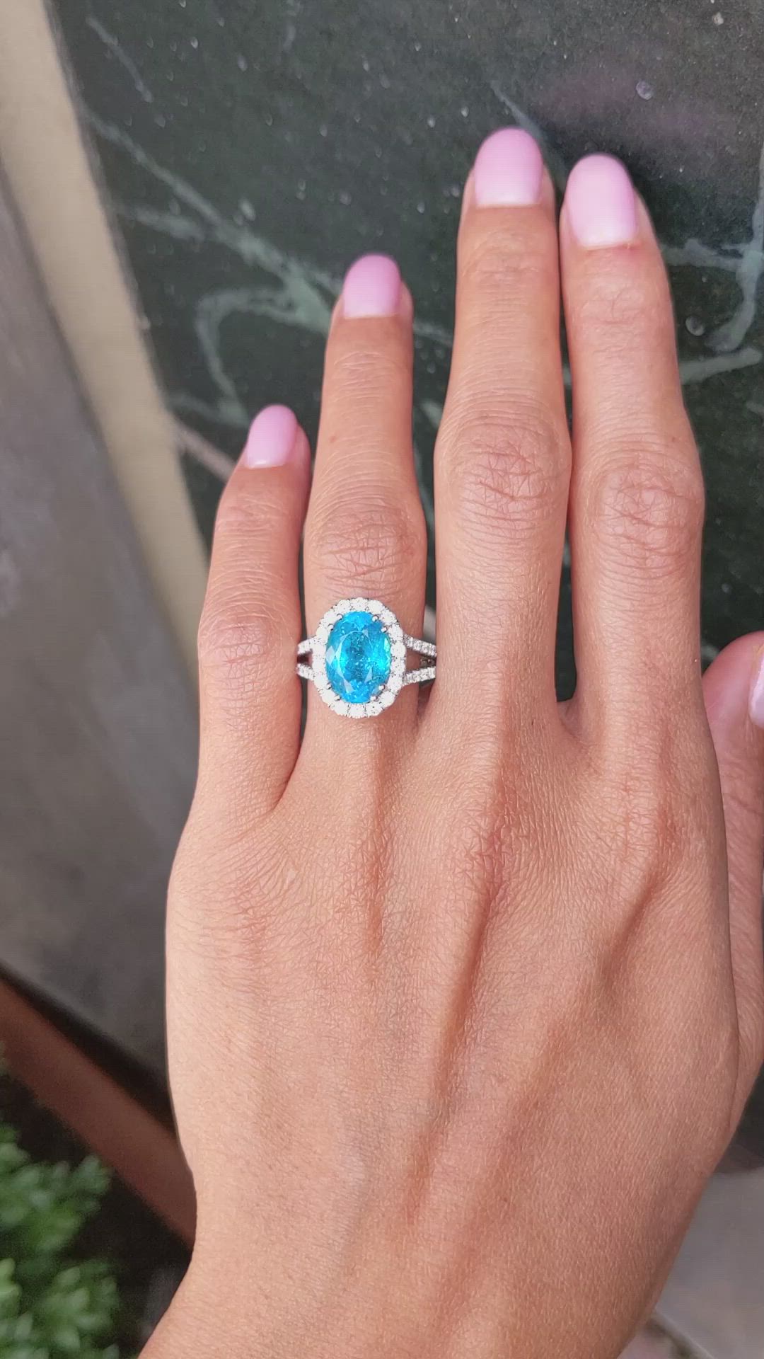 4.09 Ct. Paraiba Tourmaline Natural Diamond Pave Ring, 18K White Gold Size Video