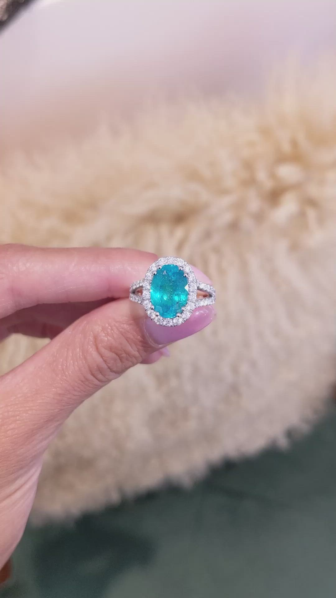 4.09 Ct. Paraiba Tourmaline Natural Diamond Pave Ring, 18K White Gold Size Video