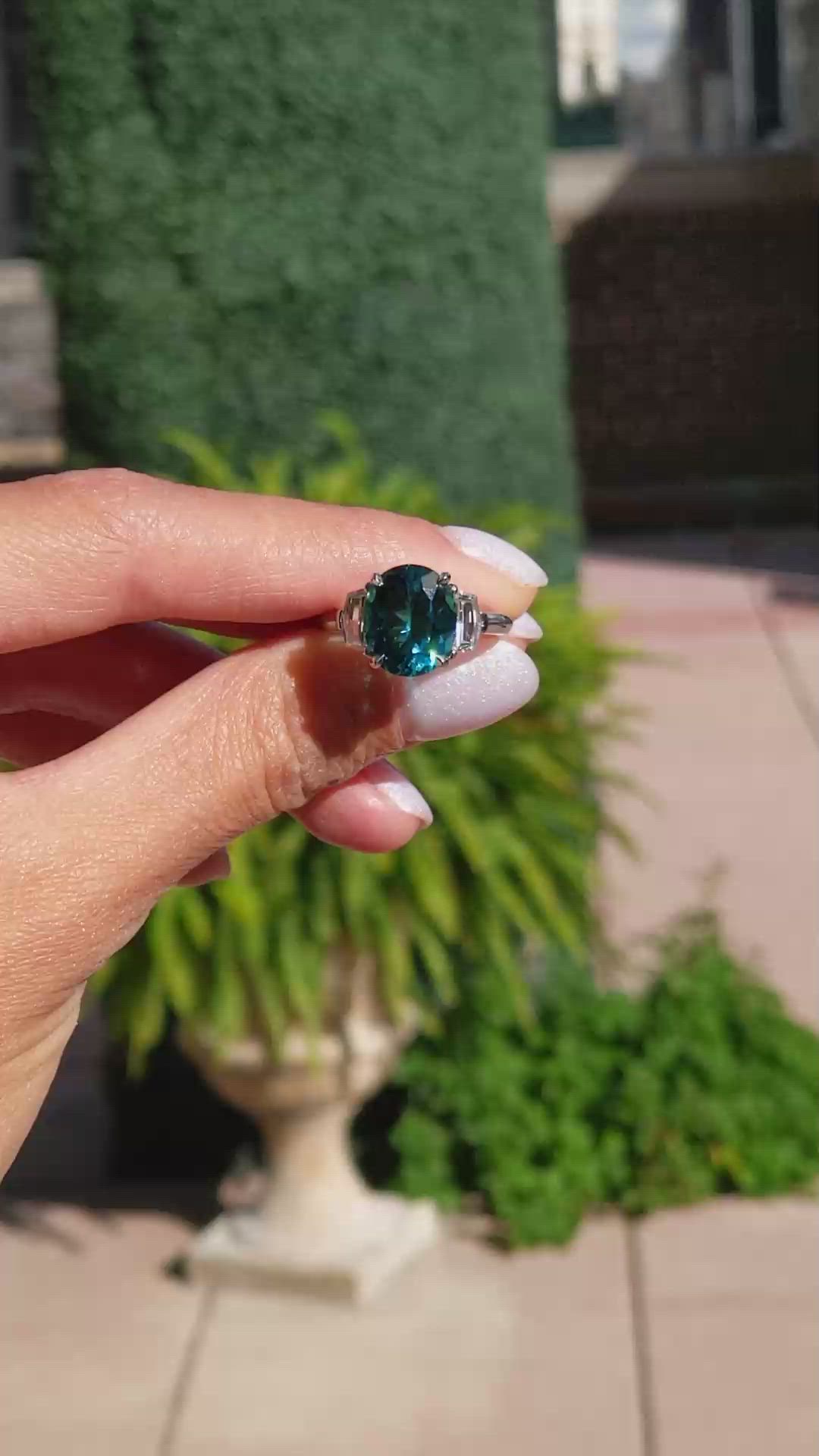 4.47 Ct. Paraiba Tourmaline Natural Diamond Three Stone Ring, Platinum 950 Size Video