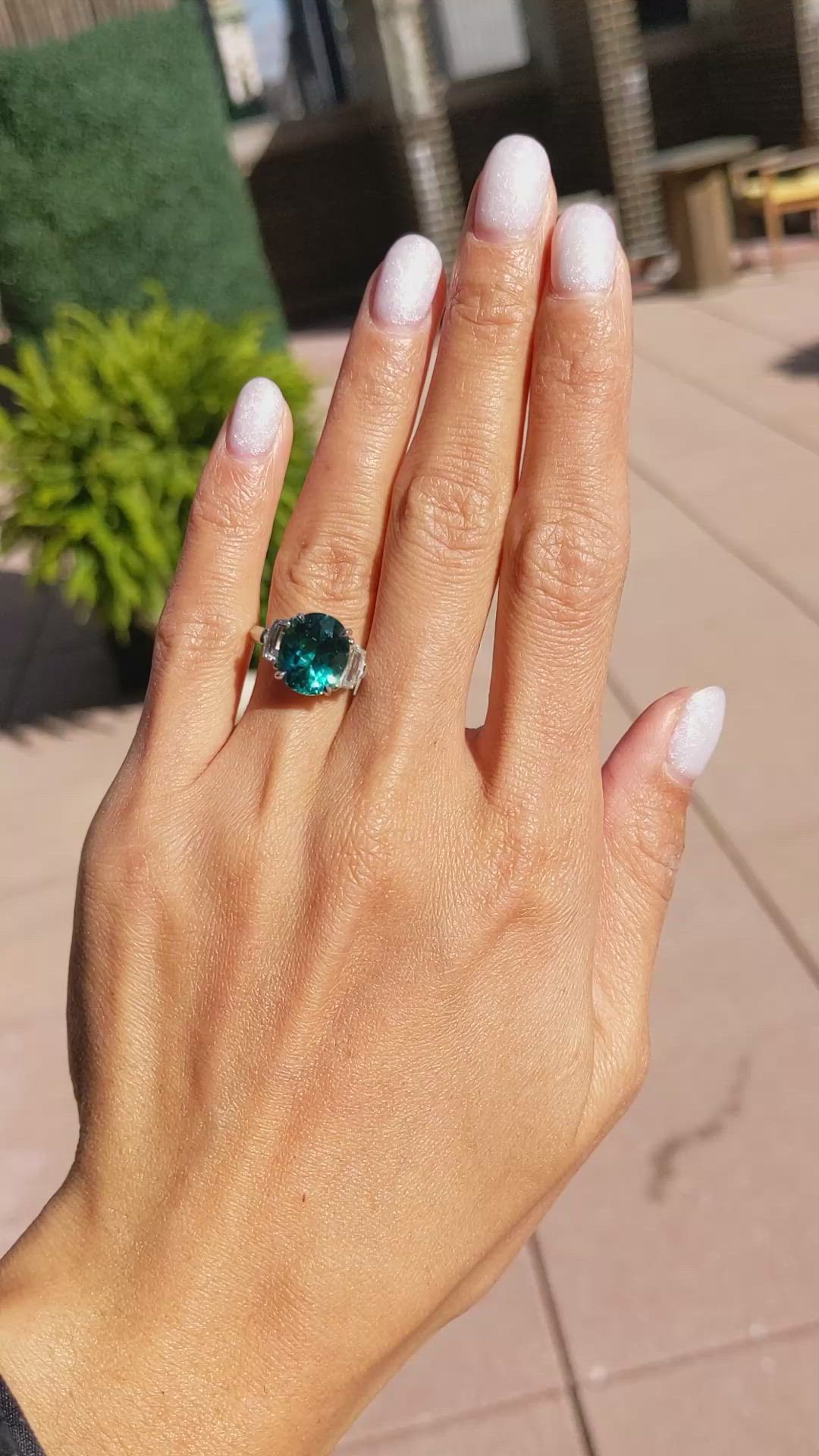 4.47 Ct. Paraiba Tourmaline Natural Diamond Three Stone Ring, Platinum 950 Size Video