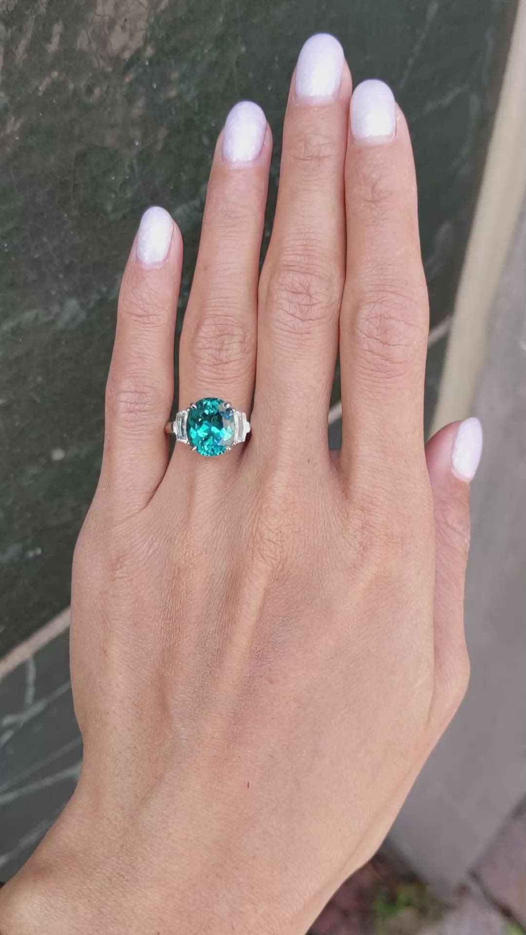 4.47 Ct. Paraiba Tourmaline Natural Diamond Three Stone Ring, Platinum 950 Size Video