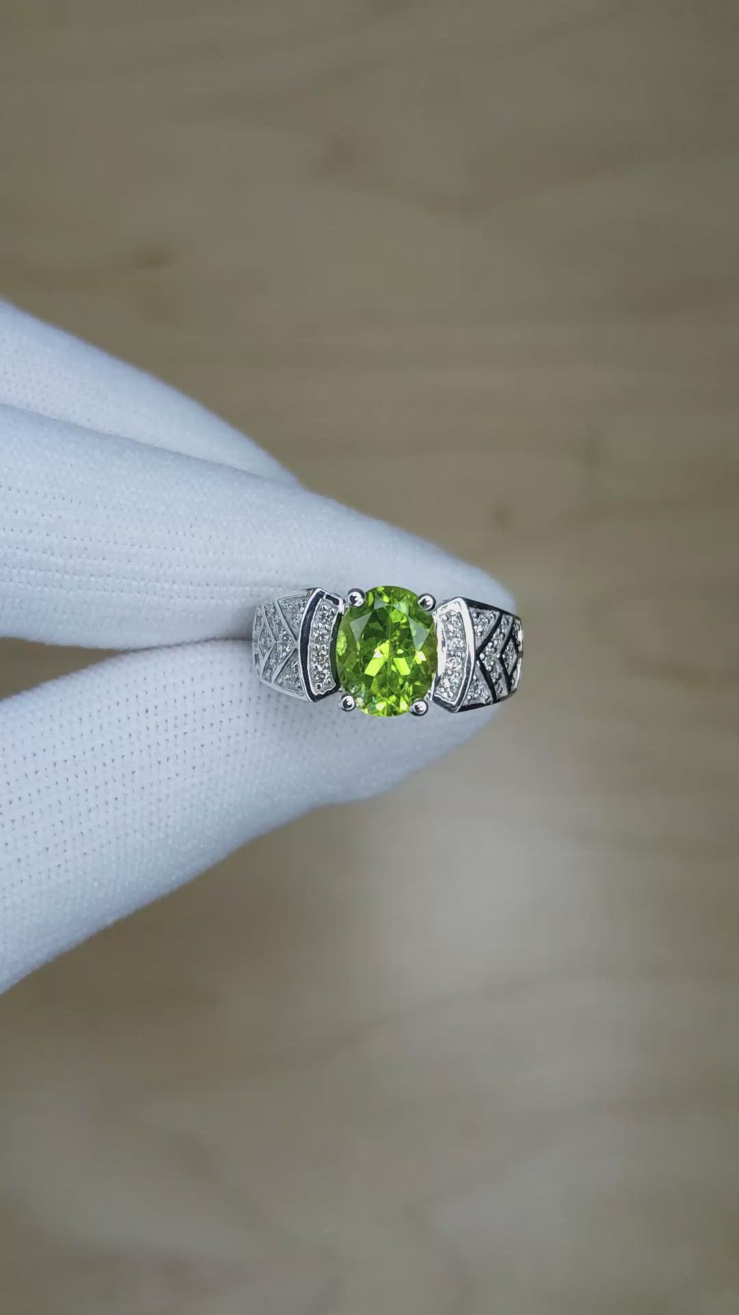 1.47 Ct. Peridot Natural Diamond Pave Ring, 14K White Gold Size Video