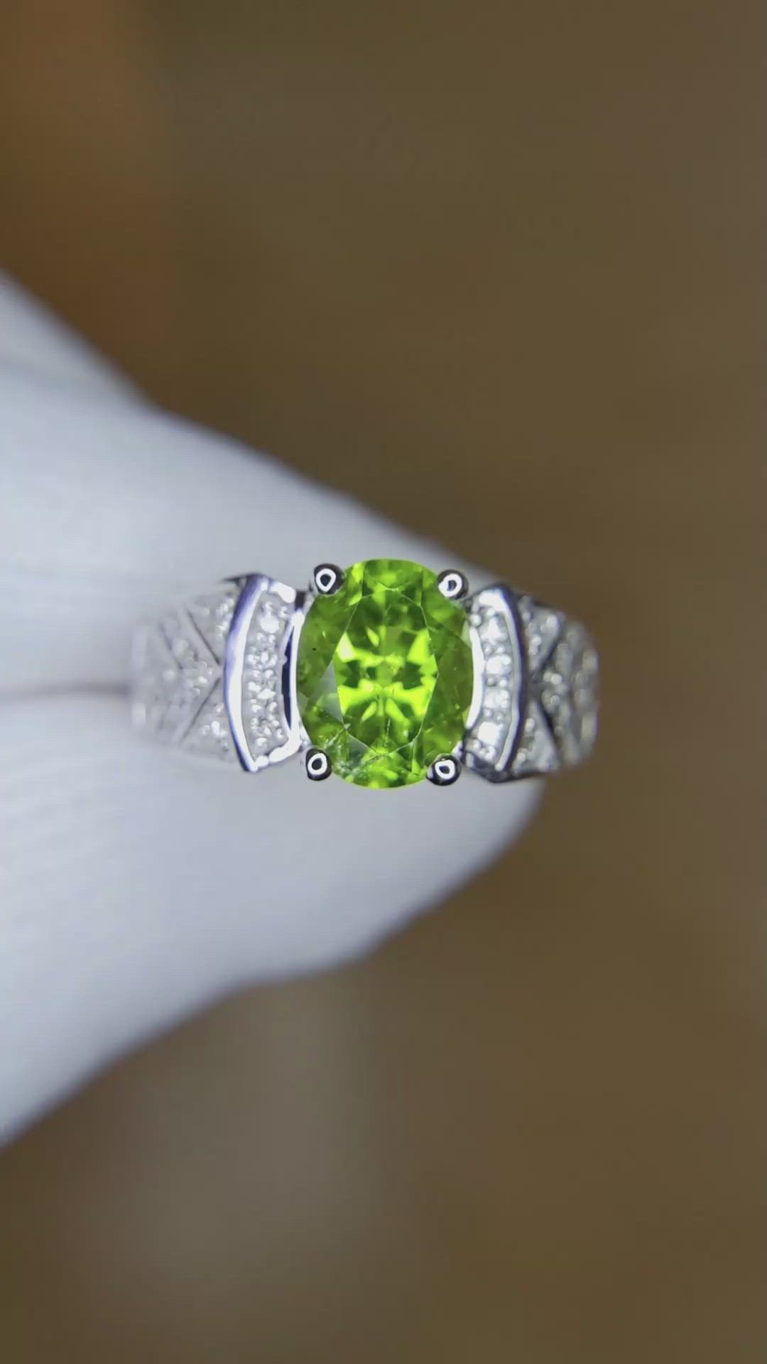 1.47 Ct. Peridot Natural Diamond Pave Ring, 14K White Gold Size Video