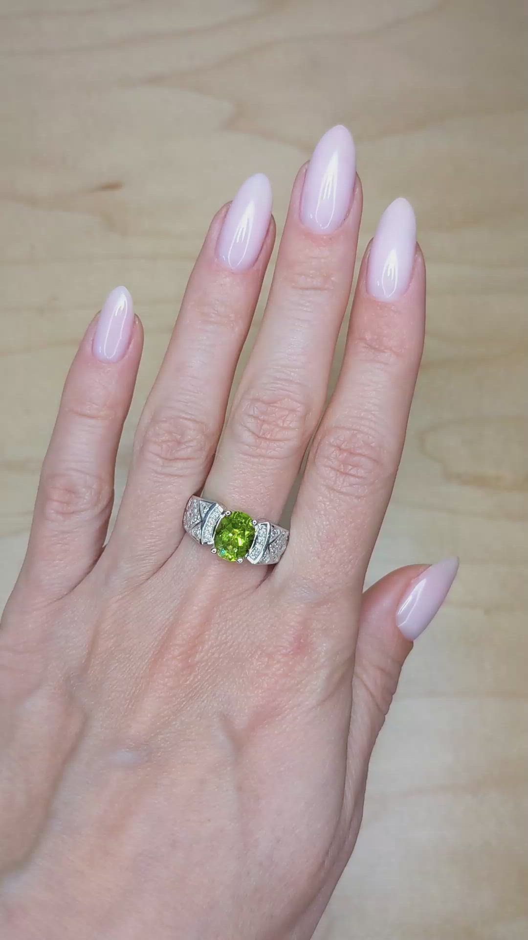1.47 Ct. Peridot Natural Diamond Pave Ring, 14K White Gold Size Video
