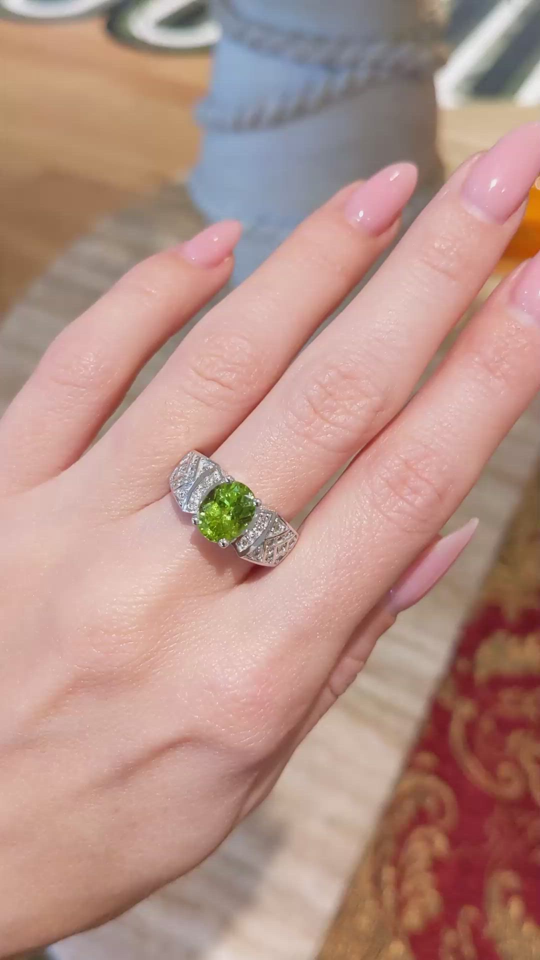 1.47 Ct. Peridot Natural Diamond Pave Ring, 14K White Gold Size Video