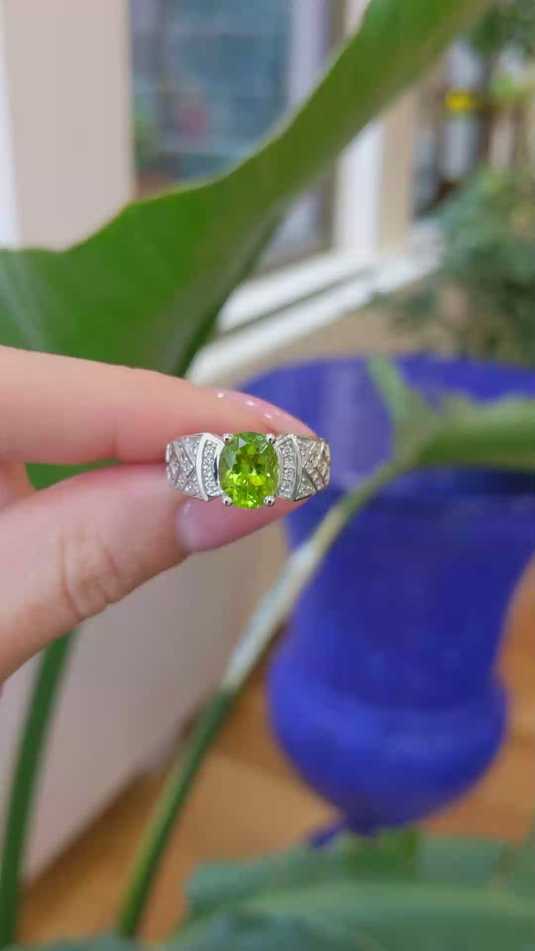 1.47 Ct. Peridot Natural Diamond Pave Ring, 14K White Gold Size Video