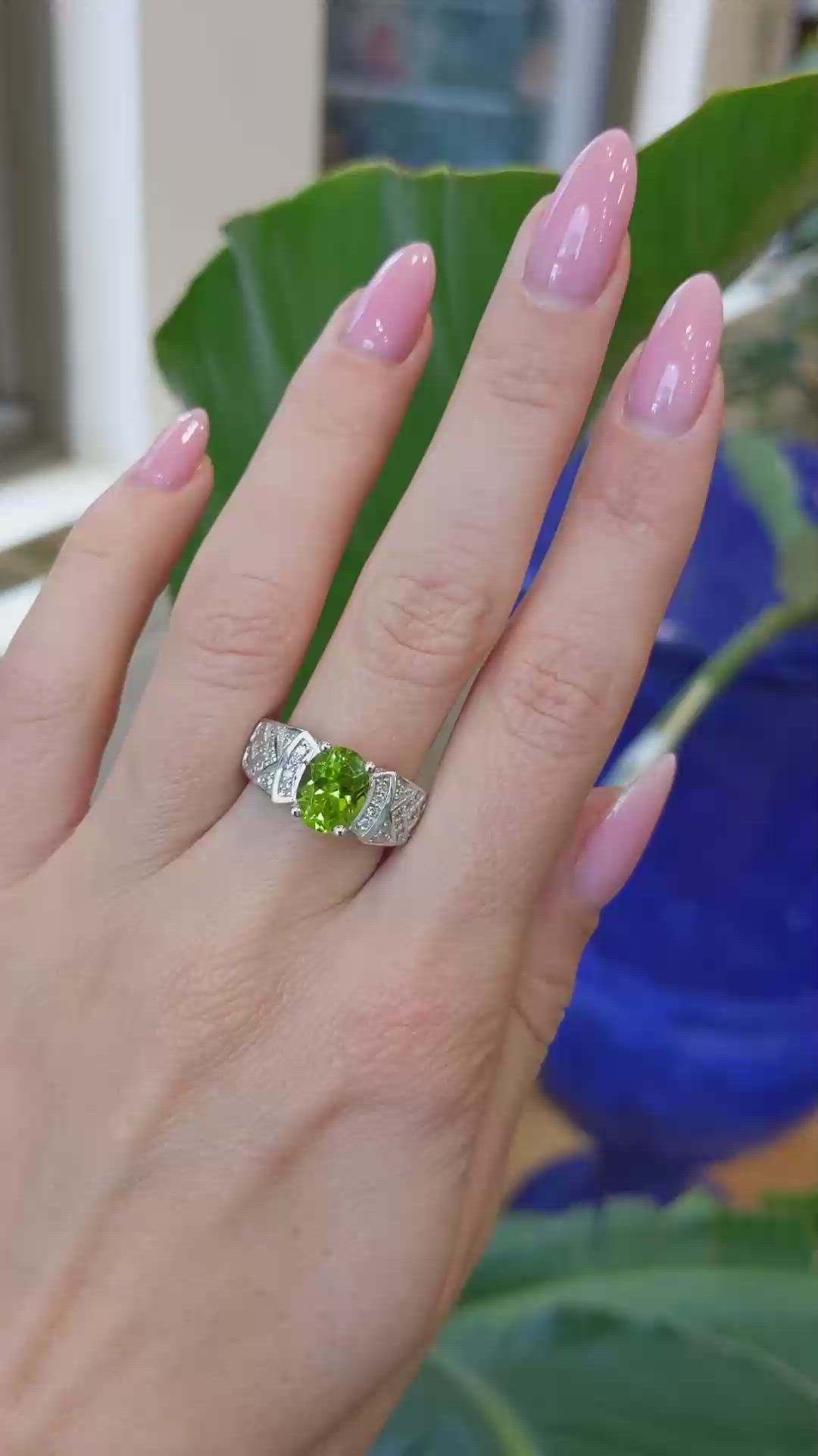 1.47 Ct. Peridot Natural Diamond Pave Ring, 14K White Gold Size Video
