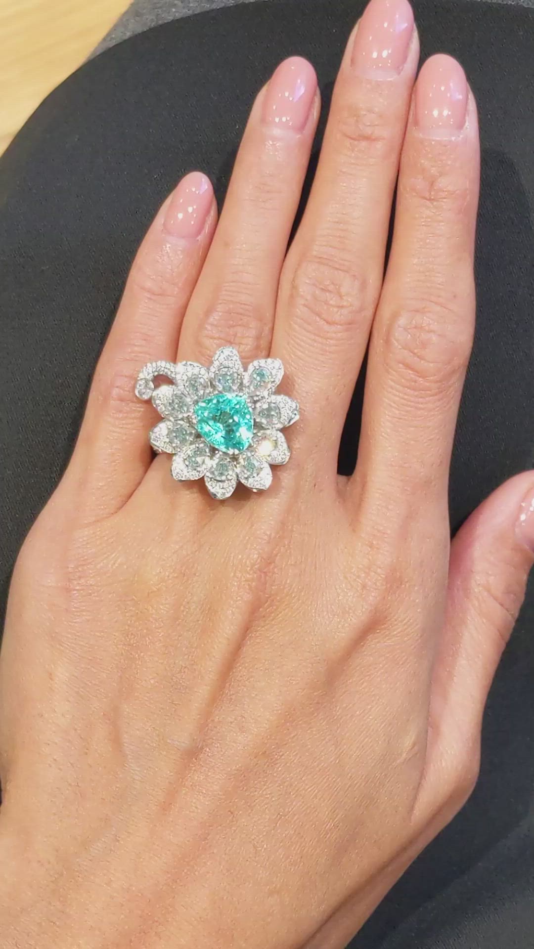 4.21 Ct. Paraiba Tourmaline Natural Diamond Pave Ring, Platinum 950 Size Video