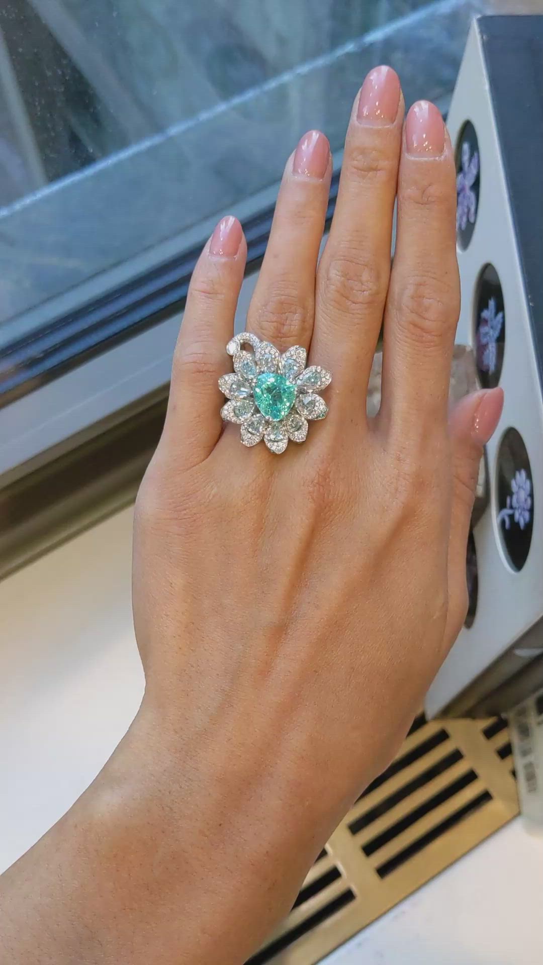 4.21 Ct. Paraiba Tourmaline Natural Diamond Pave Ring, Platinum 950 Size Video